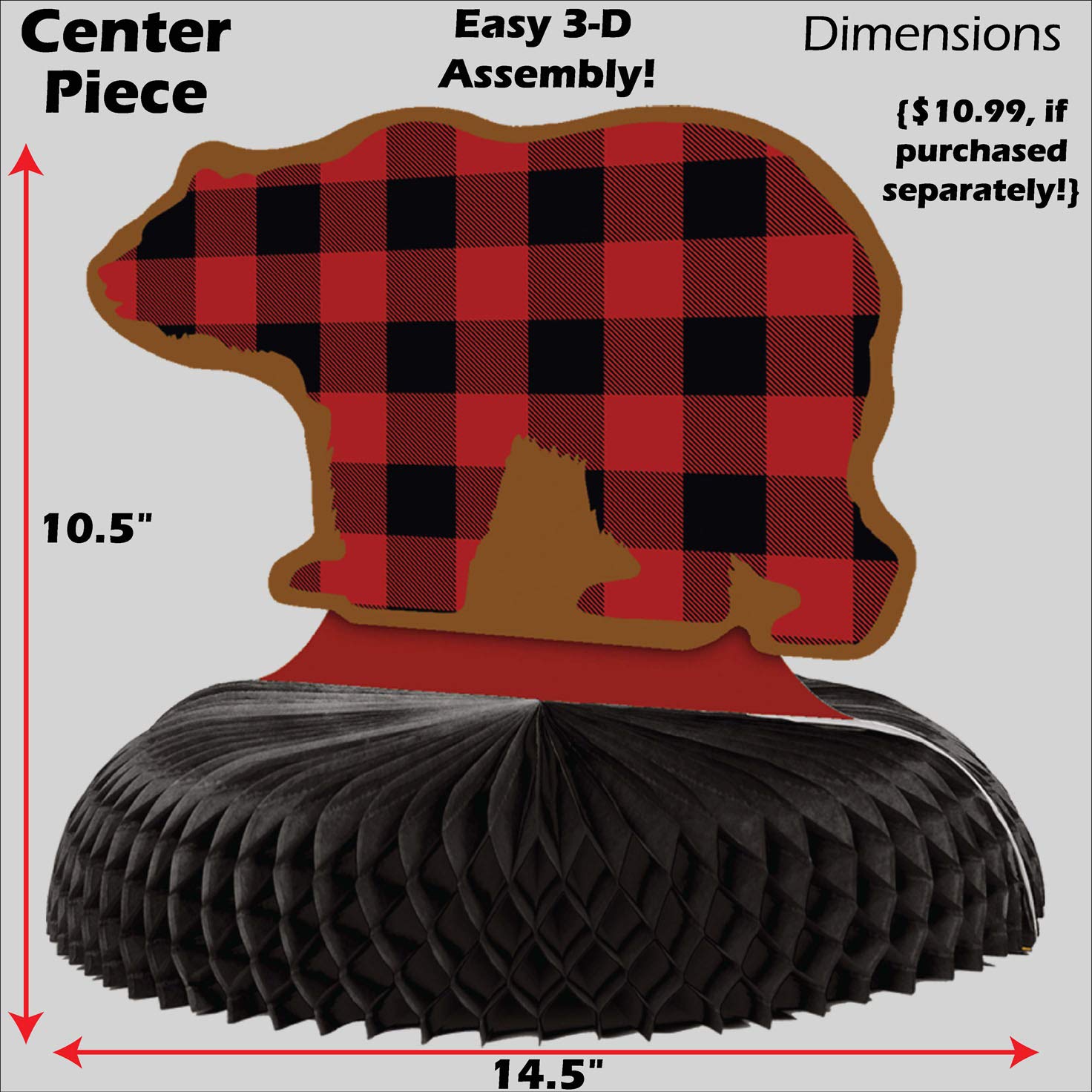 Buffalo Plaid Bear Party For 16 Guests! Includes 16 Ea. Bear 9 In. Dinner Plates & Beverage Napkins, 24 Bear Party Picks, 1 Lg.