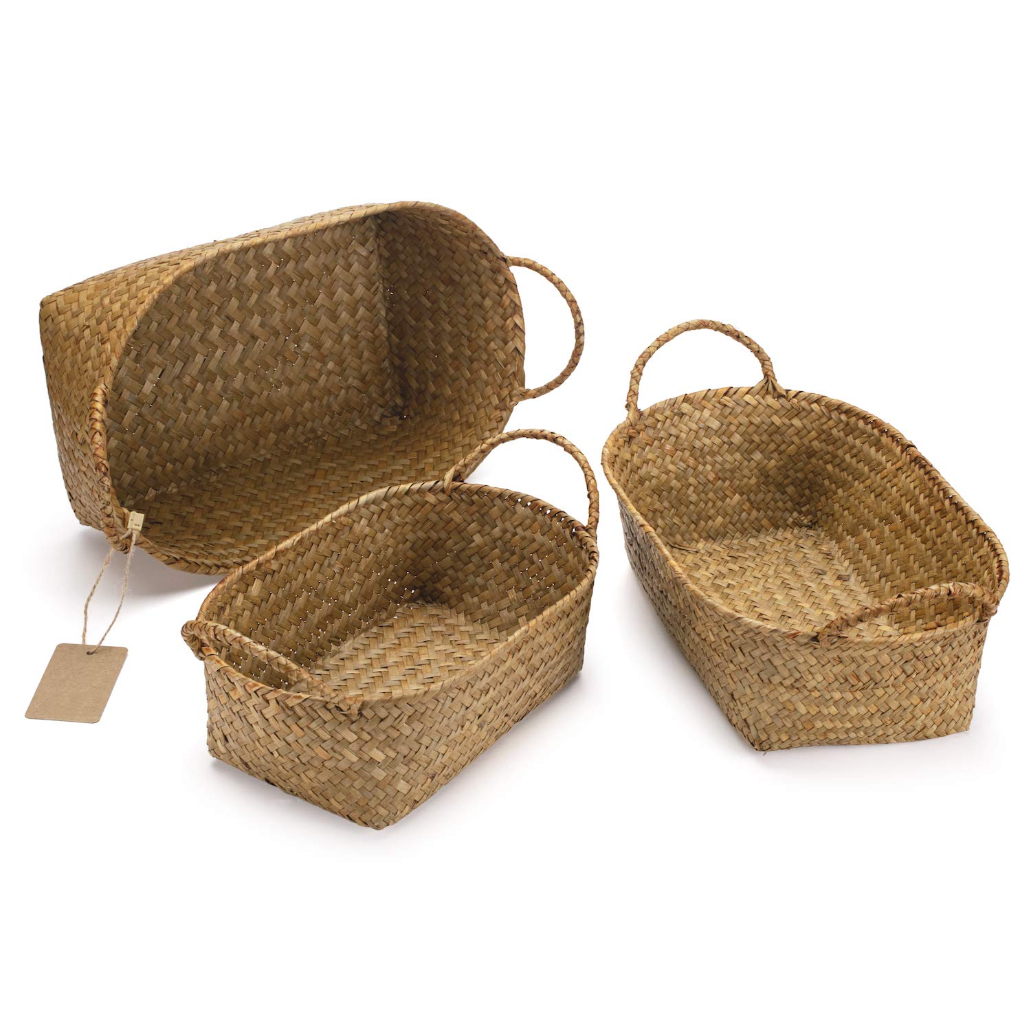 Whitewash Seagrass Woven Baskets for Storage Natural Shelf Basket with Handle for Organizer Stackable Oval Set of 3 (Large+Medium+Small)