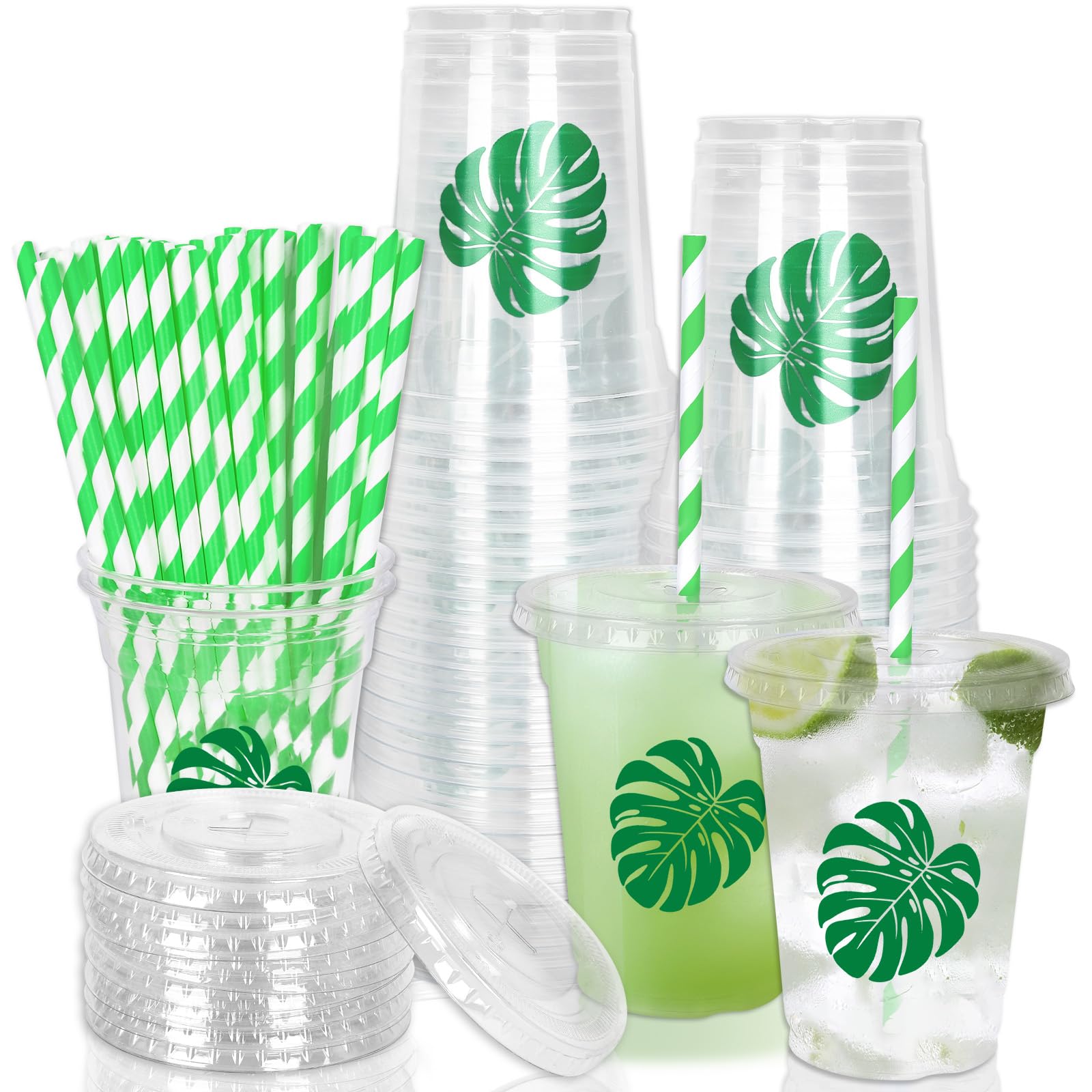 Whaline 50Pcs Tropical Palm Leaf Disposable Plastic Cups with Lids and Straws 12Oz Green Monstera Cold Beverage Drinking Cup for