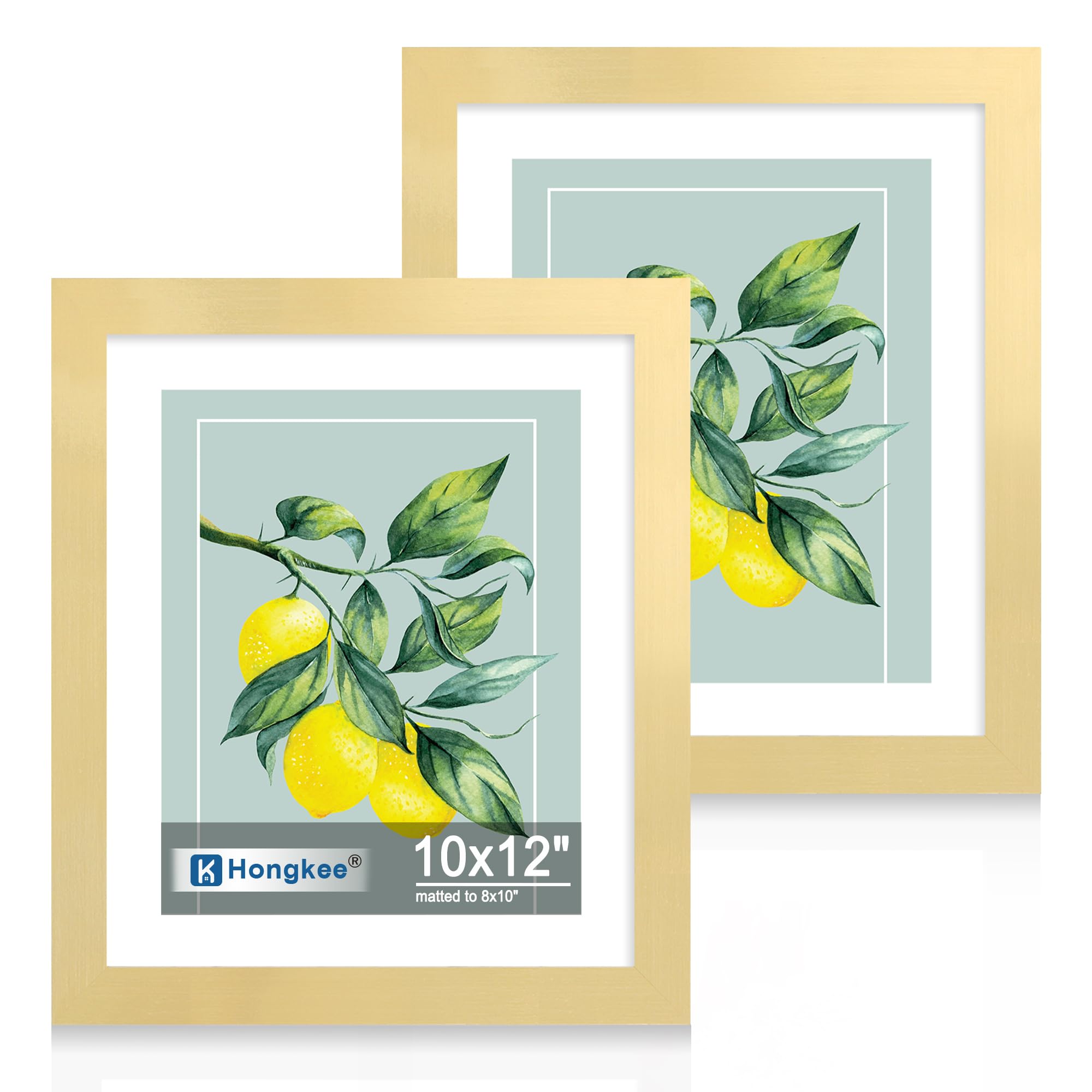 Hongkee 10x12 Picture Frame Set of 2, Made of Real Glass and Gold Wooden Frame - Display Pictures 8x10 with Mat or 10x12 Without
