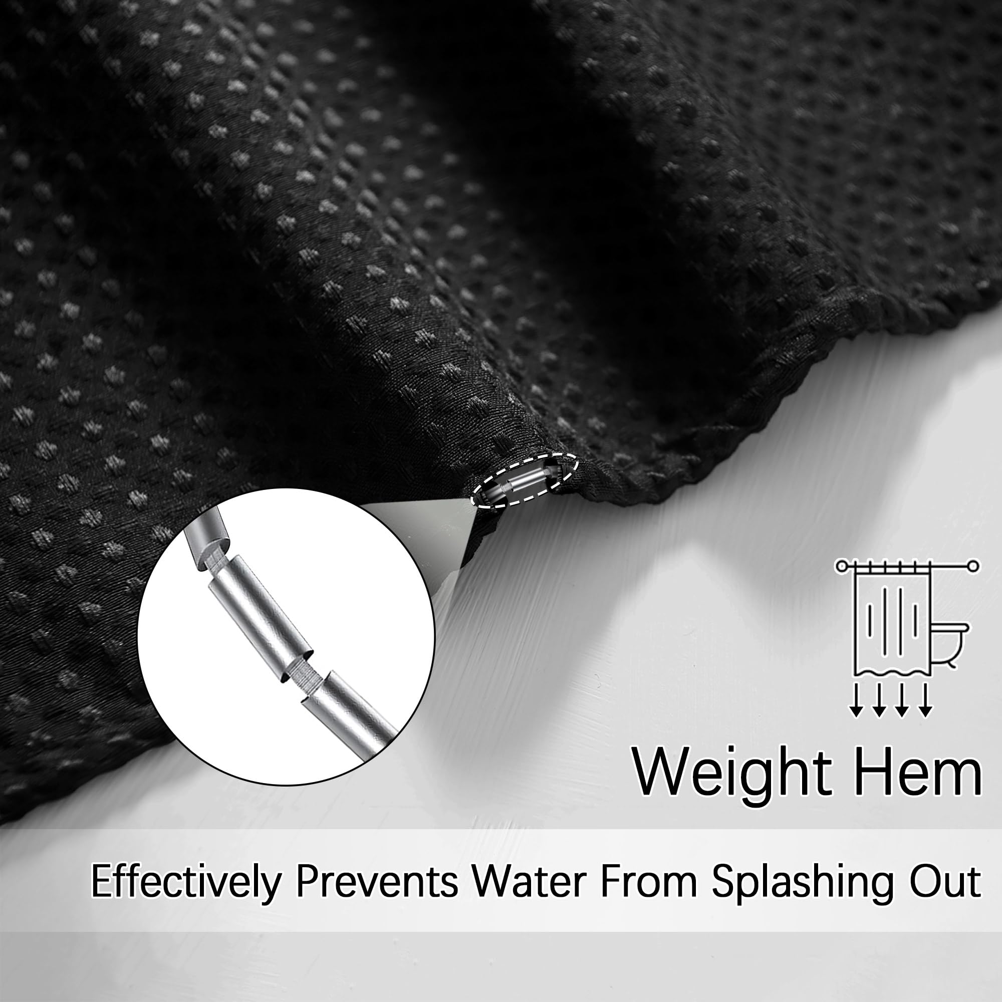 Pangsinne Black Fabric Shower Curtain For Bathroom Stall, 60 Inche Waffle Weave Shower Curtain, Machine Washable Waterproof 256G