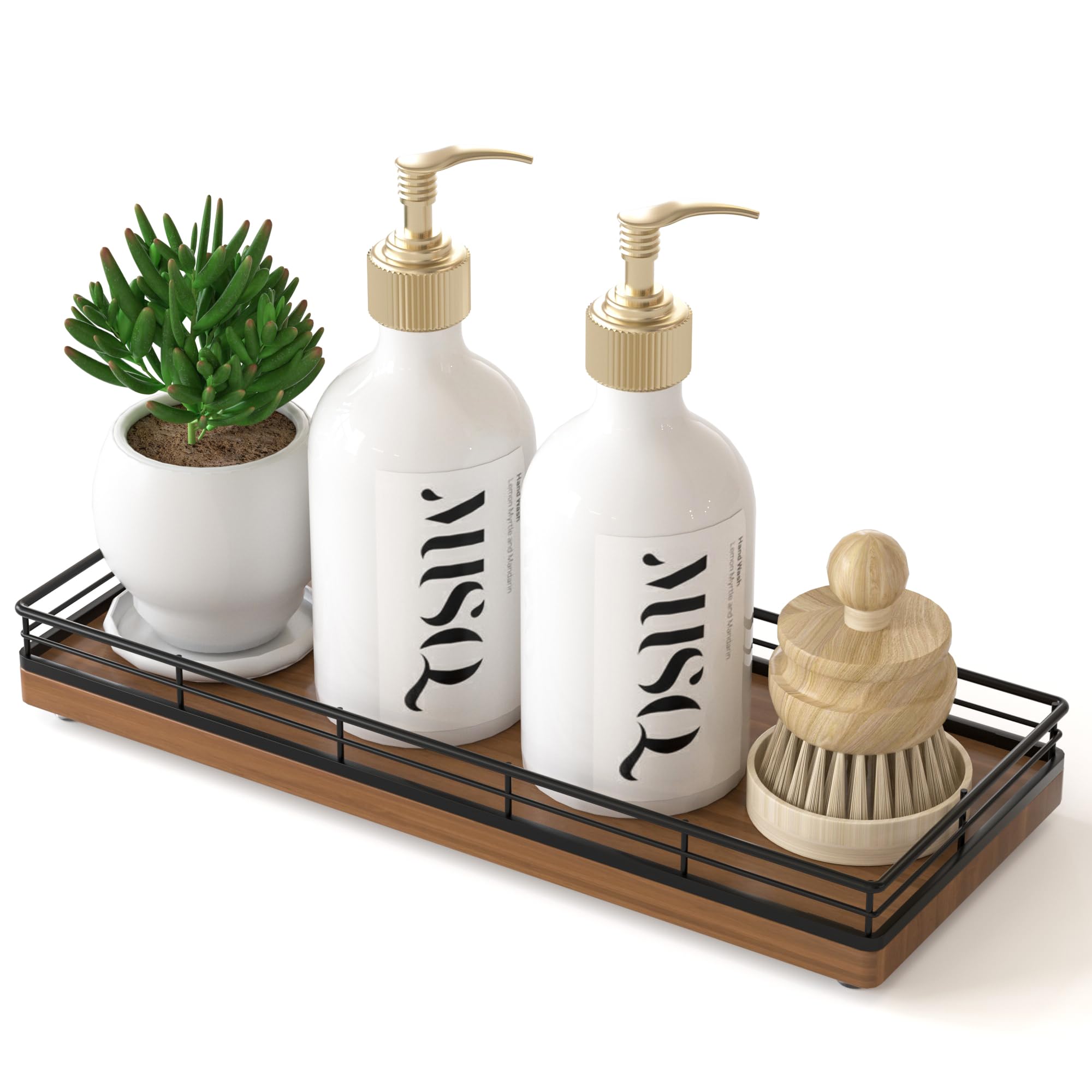 Oak Wooden Kitchen Soap Tray, 11'' Sink Countertop Soap Dispenser Sponge Holder, Spice Salt And Pepper Organizer For Dining Room