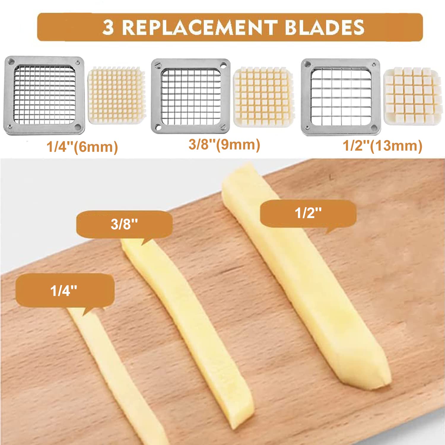 Uyoyous French Fry Cutter Stainless Steel Potato Cutter Commercial Vegetable Fruit Chopper With 1/2'', 3/8'', 1/4'' Blades Potat