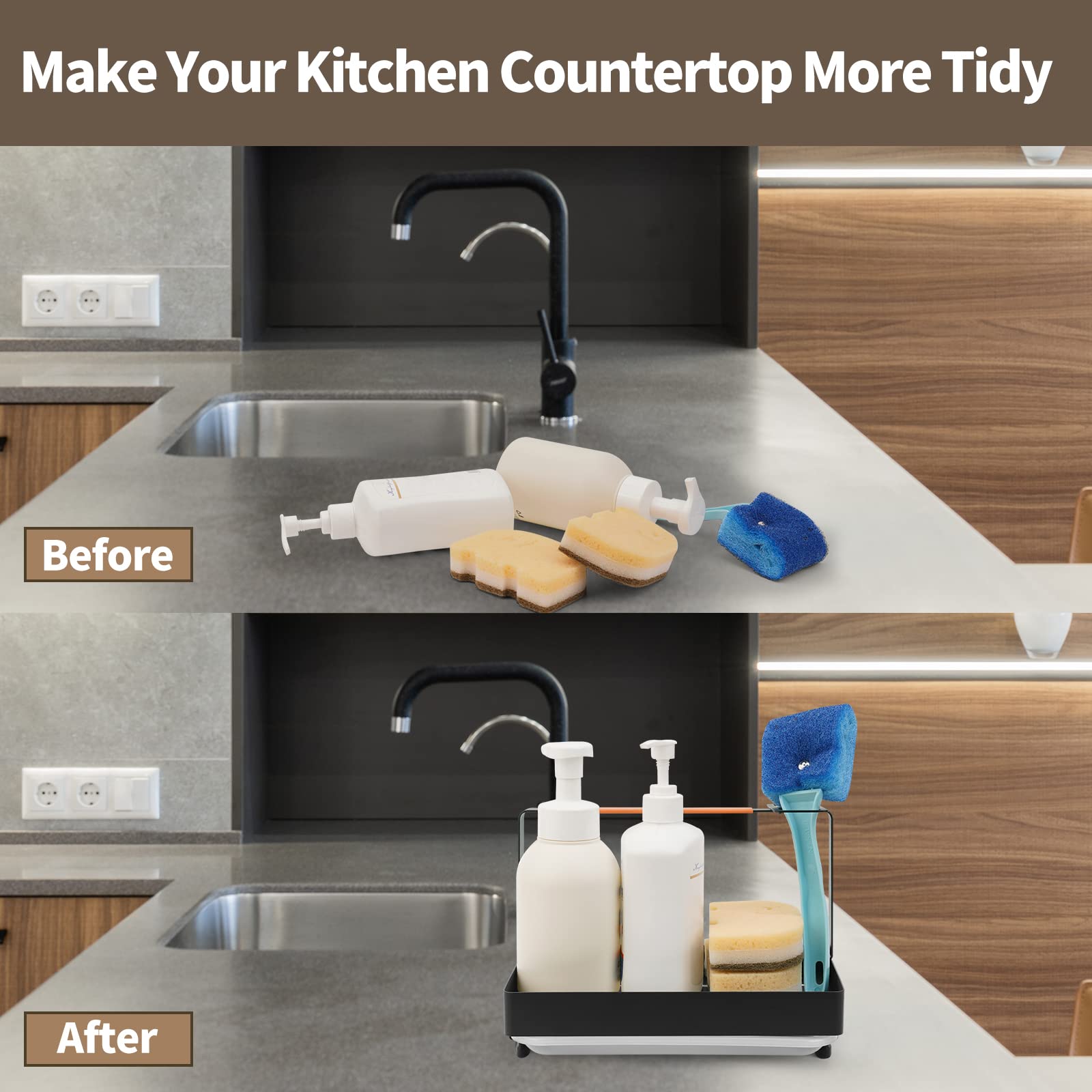 Tianyan Kitchen Sink Caddy Sponge Holder, Rustproof Kitchen Sink Organizer For Countertop With Drain Pan,4-In-1 Dish Brush Soap