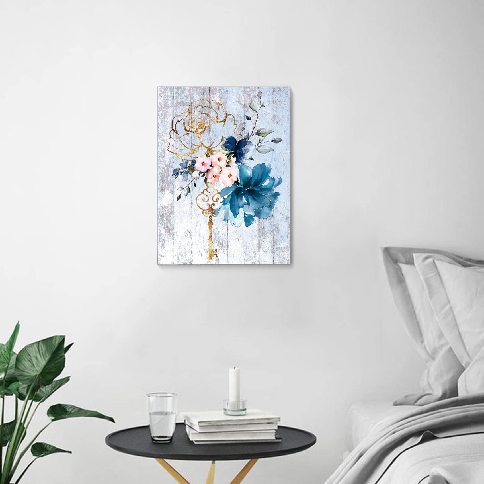 Flower Bathroom Wall Decor Art Pink Blue Pictures Rustic Canvas Wall Art For Kitchen Office Bedroom, Farmhouse Modern Framed Pai