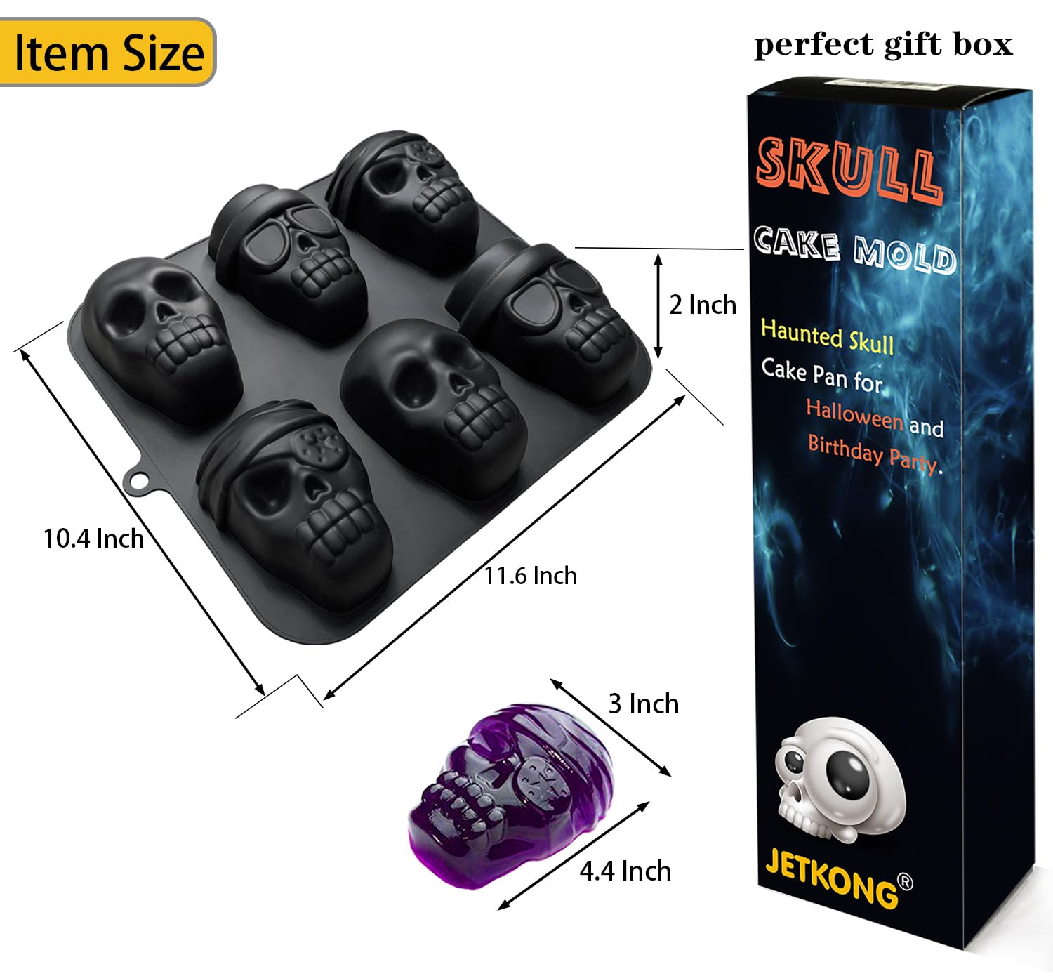 Jetkong Skull Cake Pan Silicone Skull Cakelet Mold Skull Pirate Cake Tin Baking Pan (Black)
