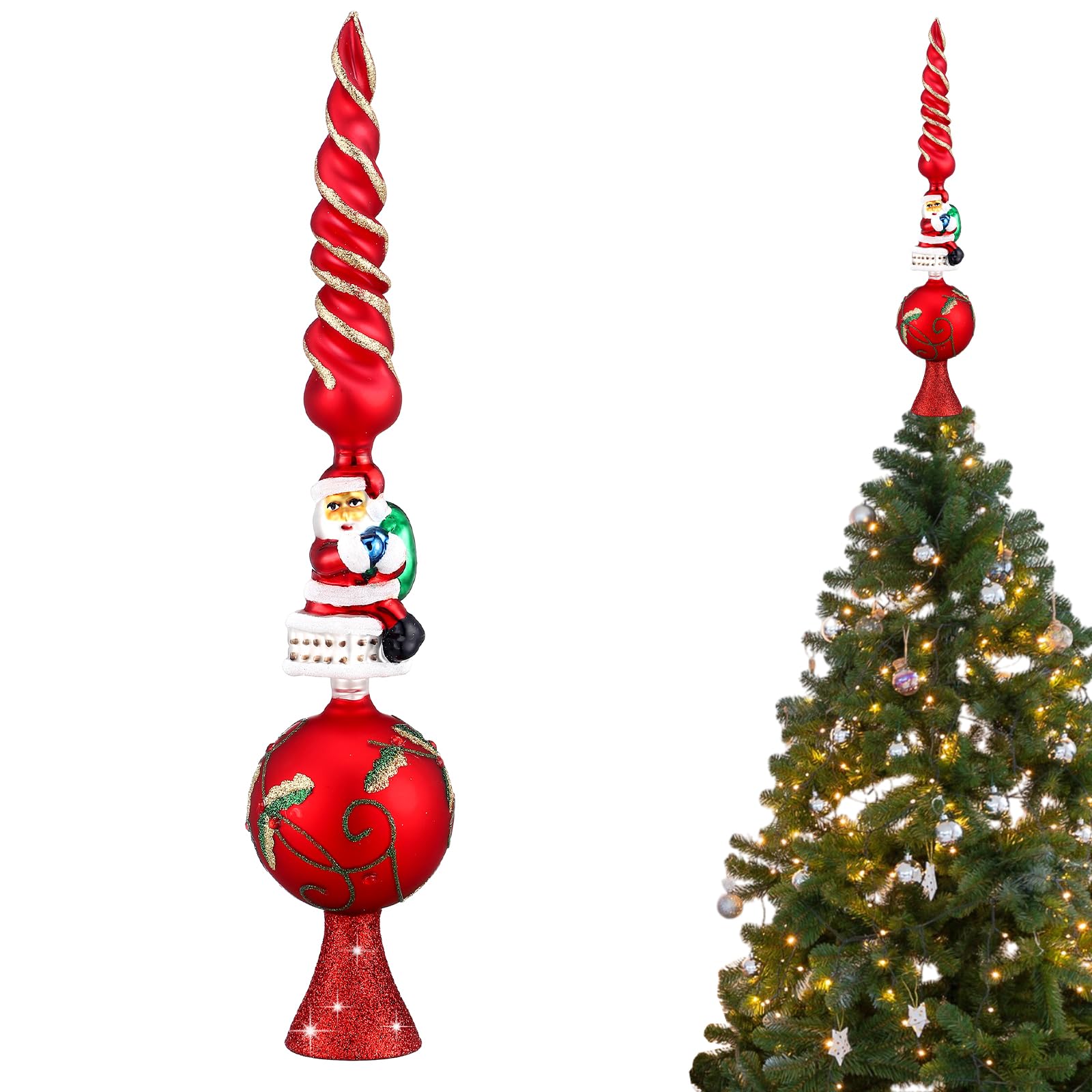 Sosation Glass Santa Claus Design Treetop 3 Tier Retro Glass Finial Tree Topper Vintage Spherical Christmas Tree Toppers Ornamen