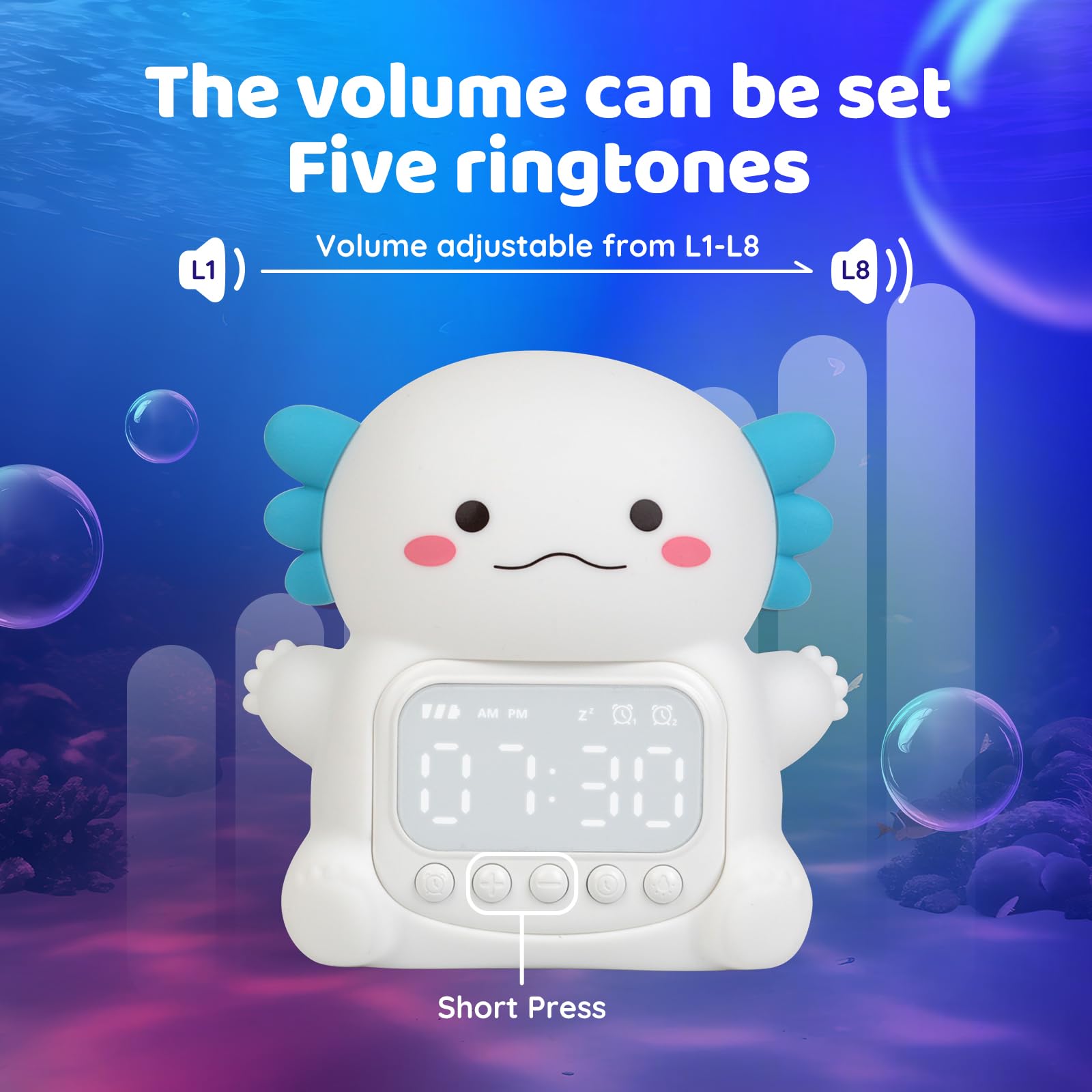Aokpsrt Axolotl Alarm Clock with Night Light for Kids, Rechargeable Silicone Lamp Time to Wake Clock Cute Animal Tabletop Lamp,