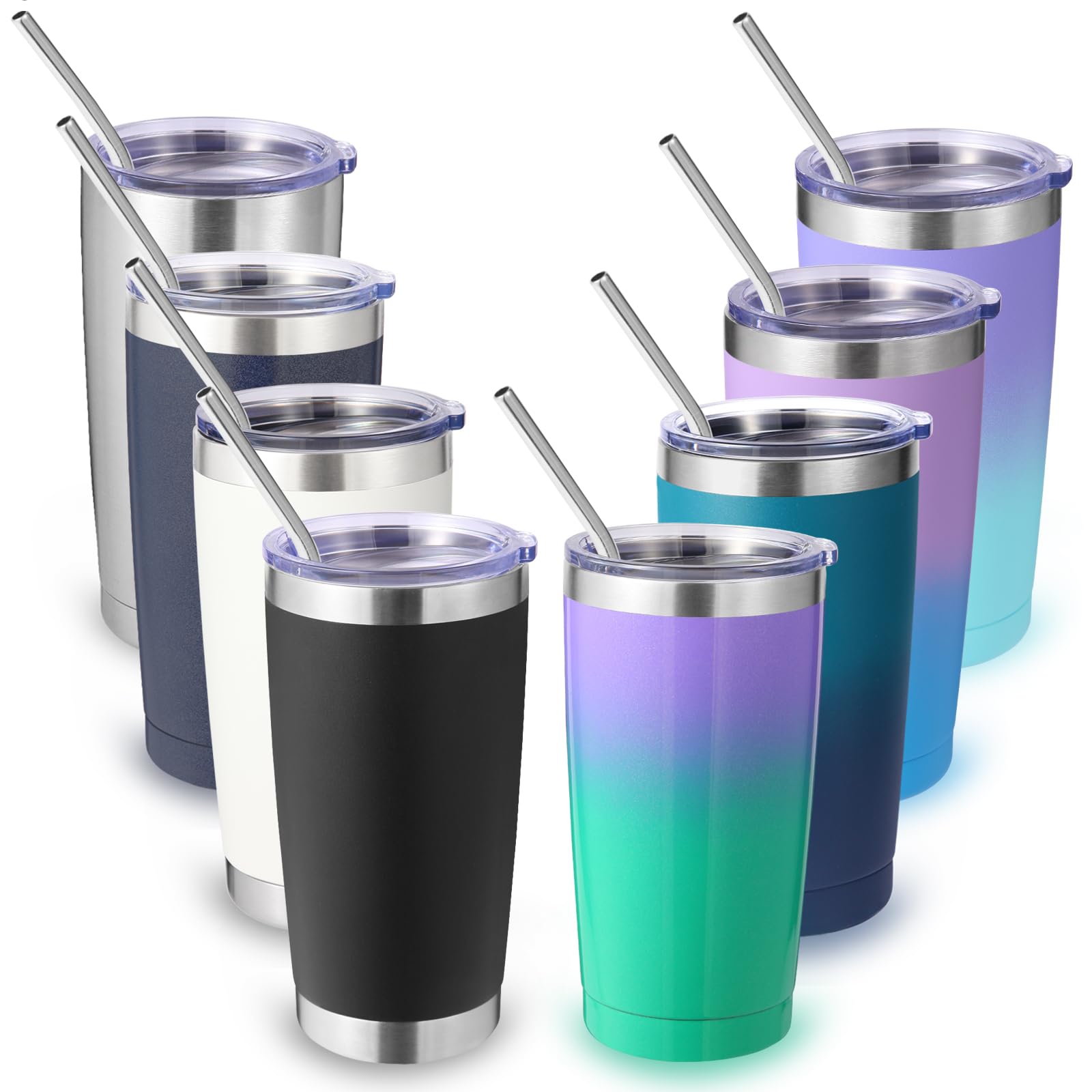 Volhoply 20oz Stainless Steel Tumbler with Lid and Straw Bulk 8 Pack,Double Wall Insulated Travel Iced Coffee Mug Fits Cup Holde