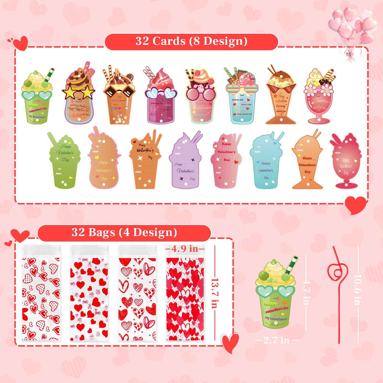 Valentines Day Cards With Straws, Set Of 32 Crazy Straw Valentines For Kids With Heart Bag, Valentine Exchange Card For Girls Bo