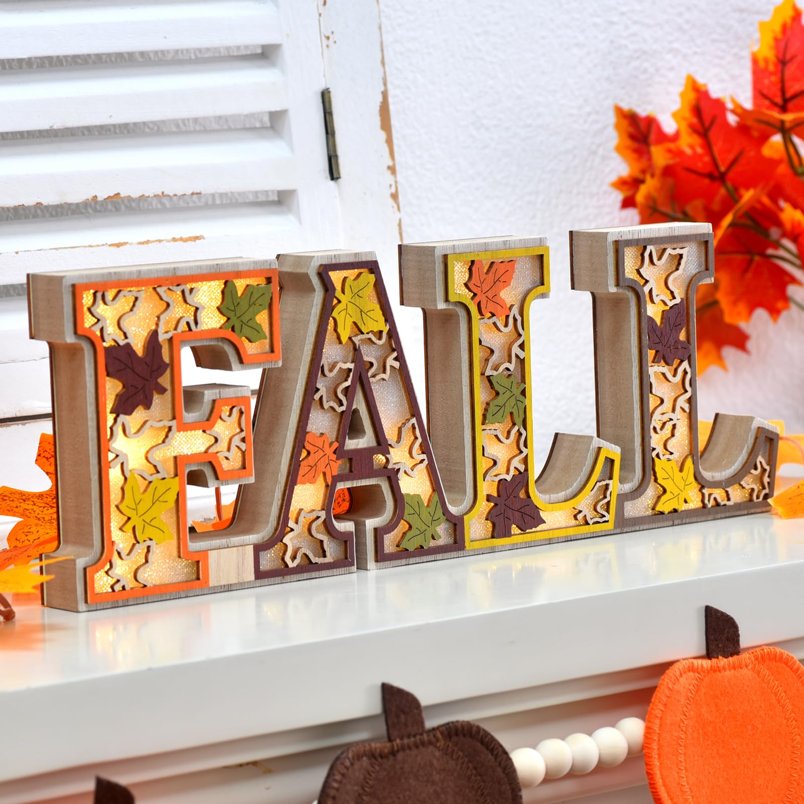 Lighted Fall Table Decoration, Rustic Wooden FALL Decor Sign with 3D LED Maple Leaves, Thanksgiving Table Centerpiece, Harvest A