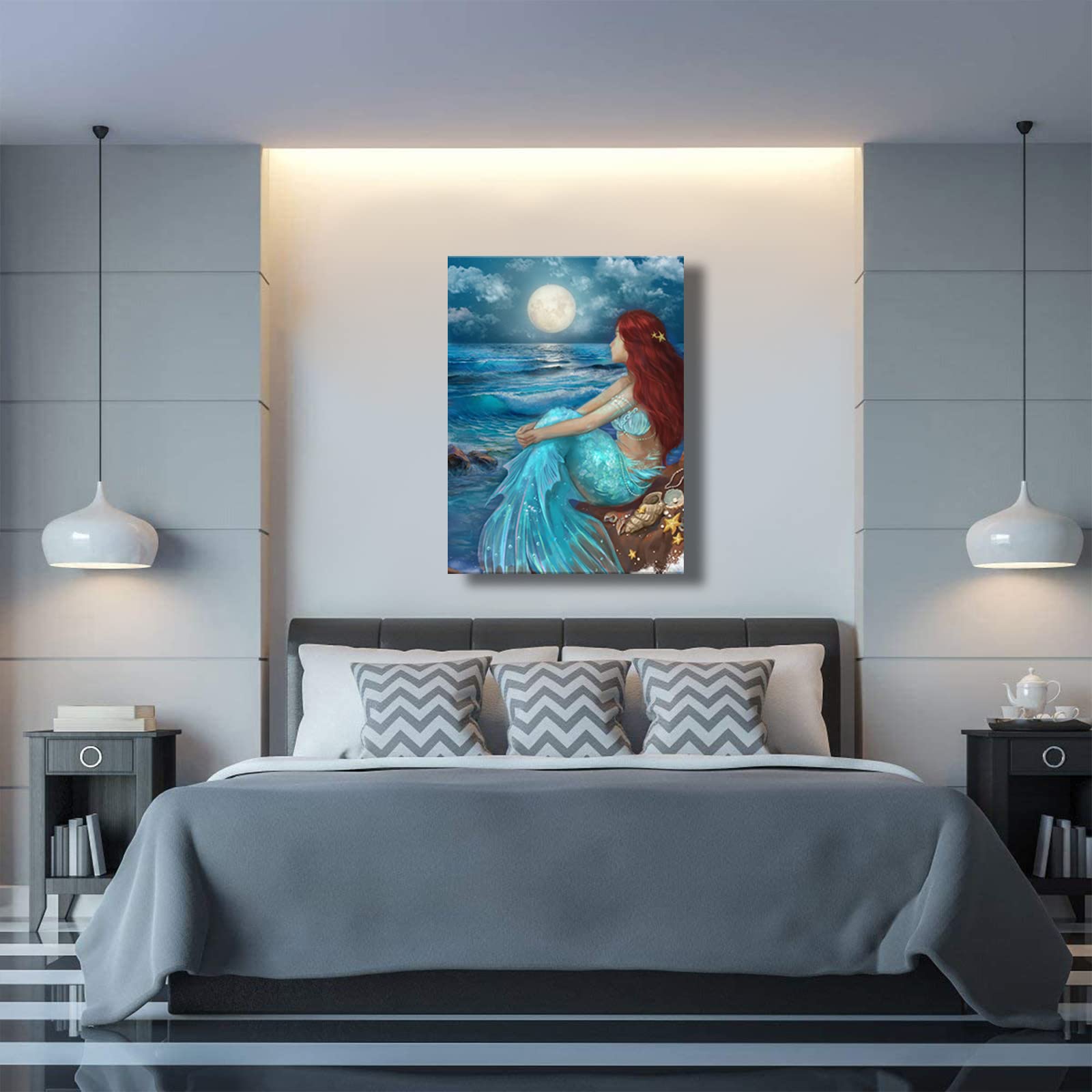 Sdya Aesthetic Wall Art For Living Room Bedroom Wall Decor Blue Canvas Prints Moon Night Artwork 24''X 36'' Girls Room Decor