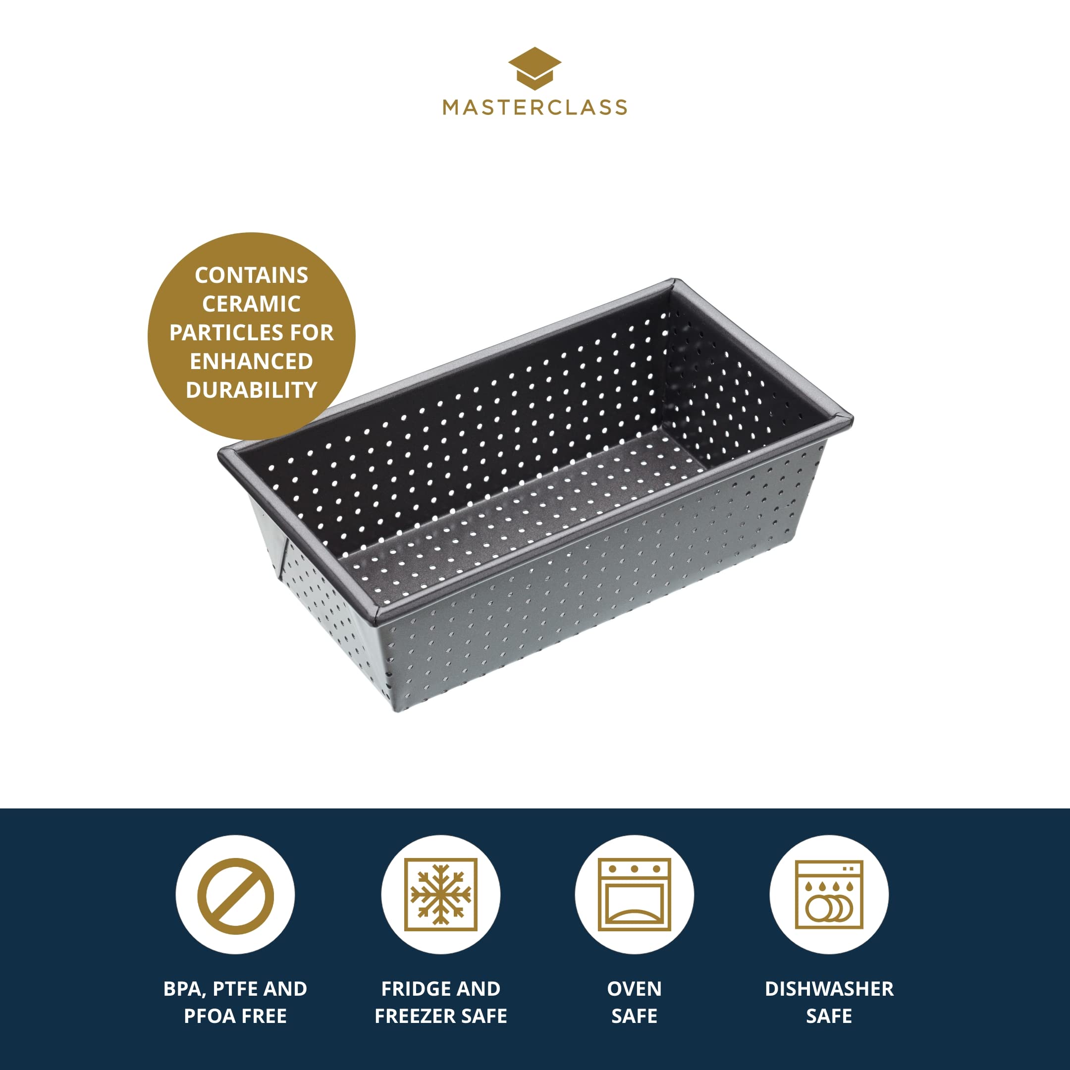 Masterclass Kcmccb20 Crusty Bake Perforated Loaf Tin With Pfoa Non Stick, Robust 1 Mm Carbon Steel, 2 Lb, 21Cm X 11Cm X 7Cm Box