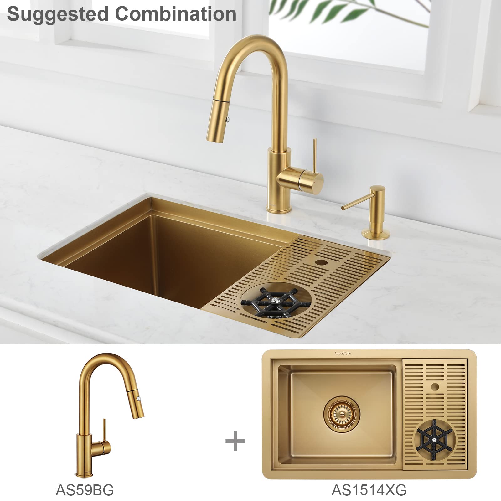 AguaStella AS59BG Brushed Gold Bar Faucet or Prep Kitchen Sink Faucet with Pull Down Sprayer and Single Handle