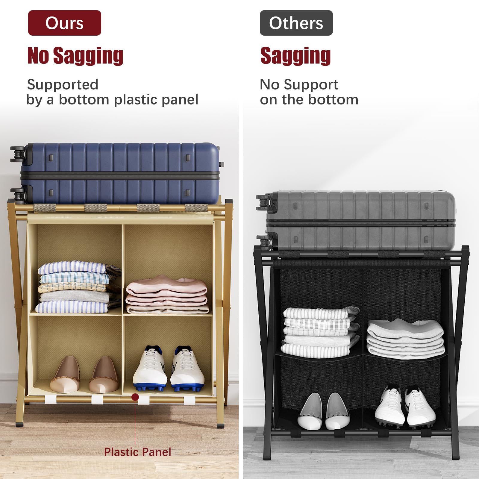 Aboxoo 2 Pack Luggage Rack With Storage, Guest Room Folding Suitcase Stands, Holds Up To 120 Lb, Space Saving Suitcase Holders F