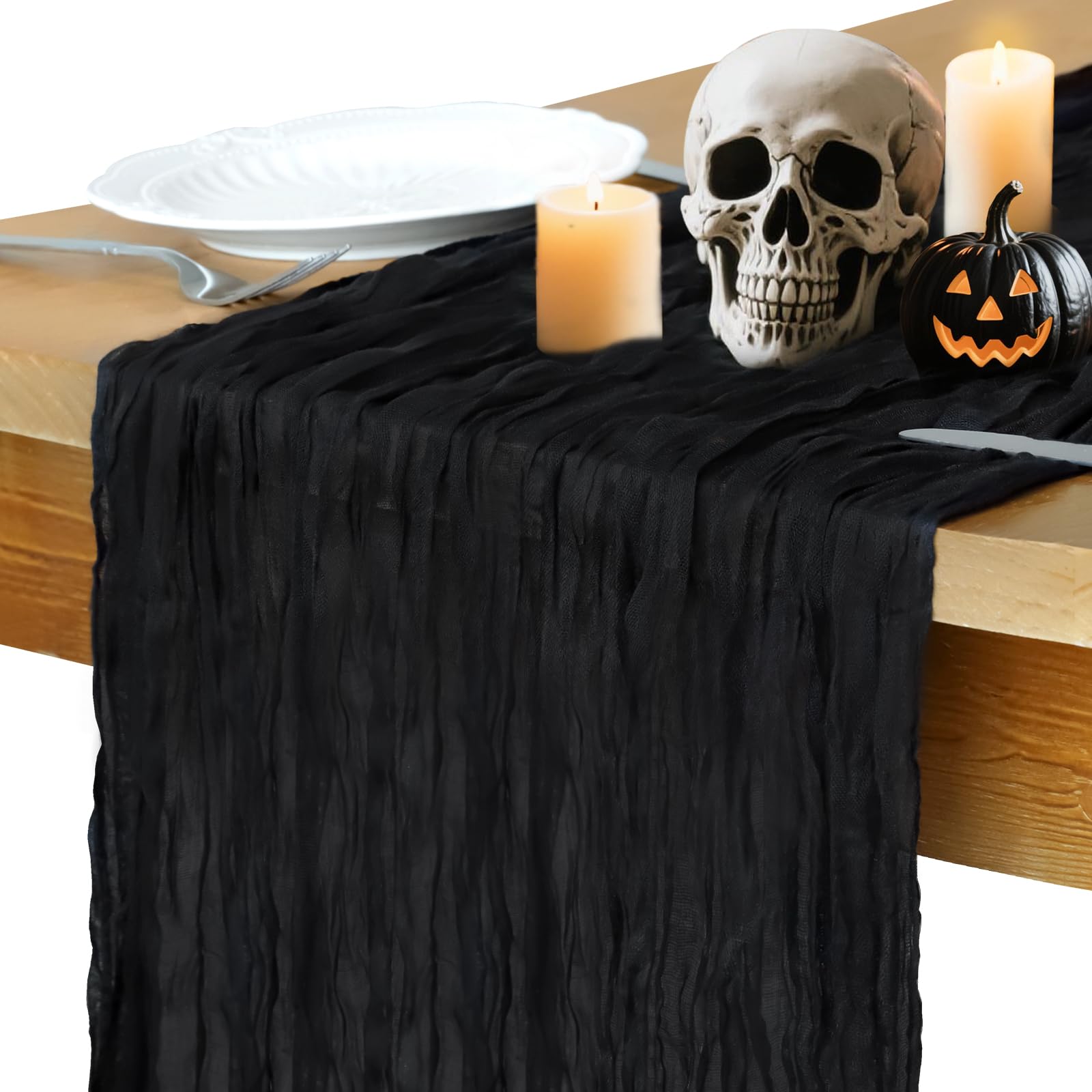 Halloween Table Runner, 10FT Black Cheesecloth Table Runner 35*120inch Black Halloween Decor for Halloween Indoor Table Kitchen 