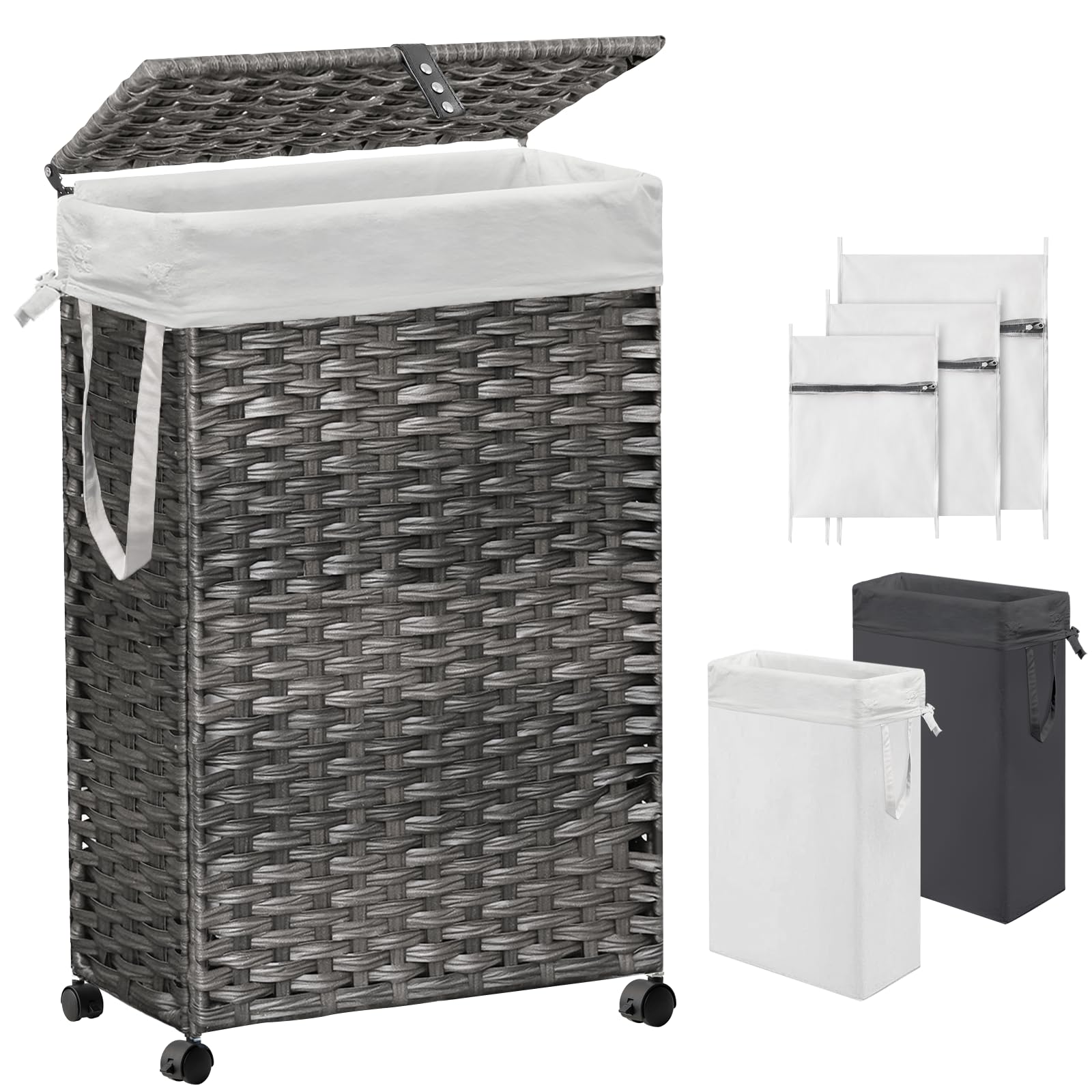 70L Slim Laundry Hamper With Lid & Wheels, Rolling Laundry Basket With 2 Removable Liner Bags & 3 Mesh Bags, Narrow Dirty Clothe