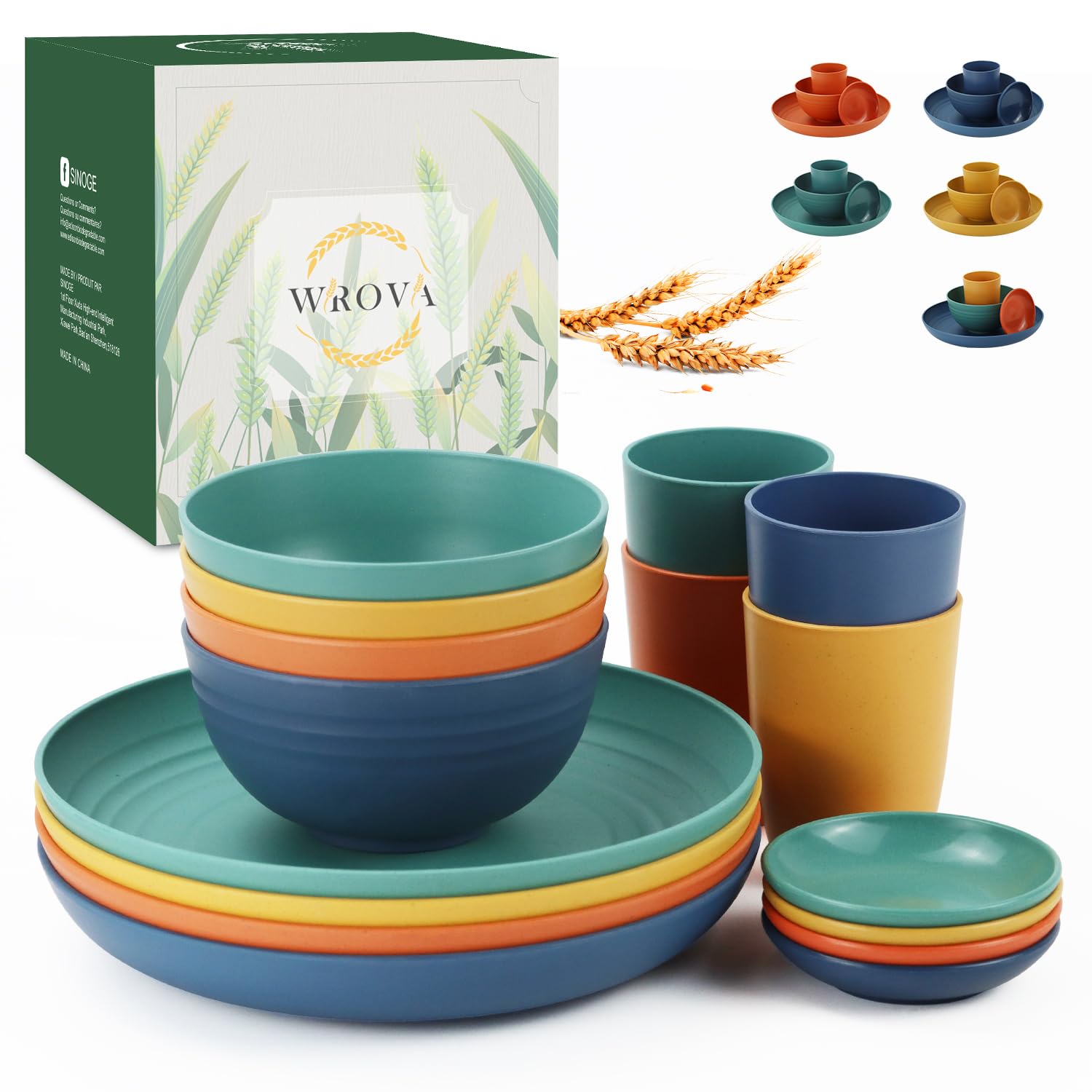 Wrova Wheat straw plates and bowls sets of 16 - Unbreakable wheat straw dinnerware sets for kids - Alternative plastic dinnerwar