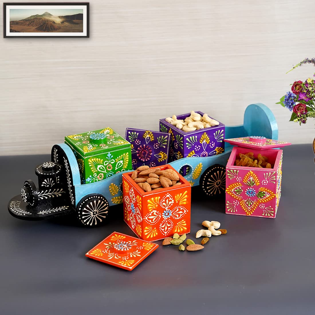 Desert Art Decorative Handpainted Mdf Train Dry Fruit Box Holder | Handpainted Serving Train With 4 Box Holder | Dining Table De