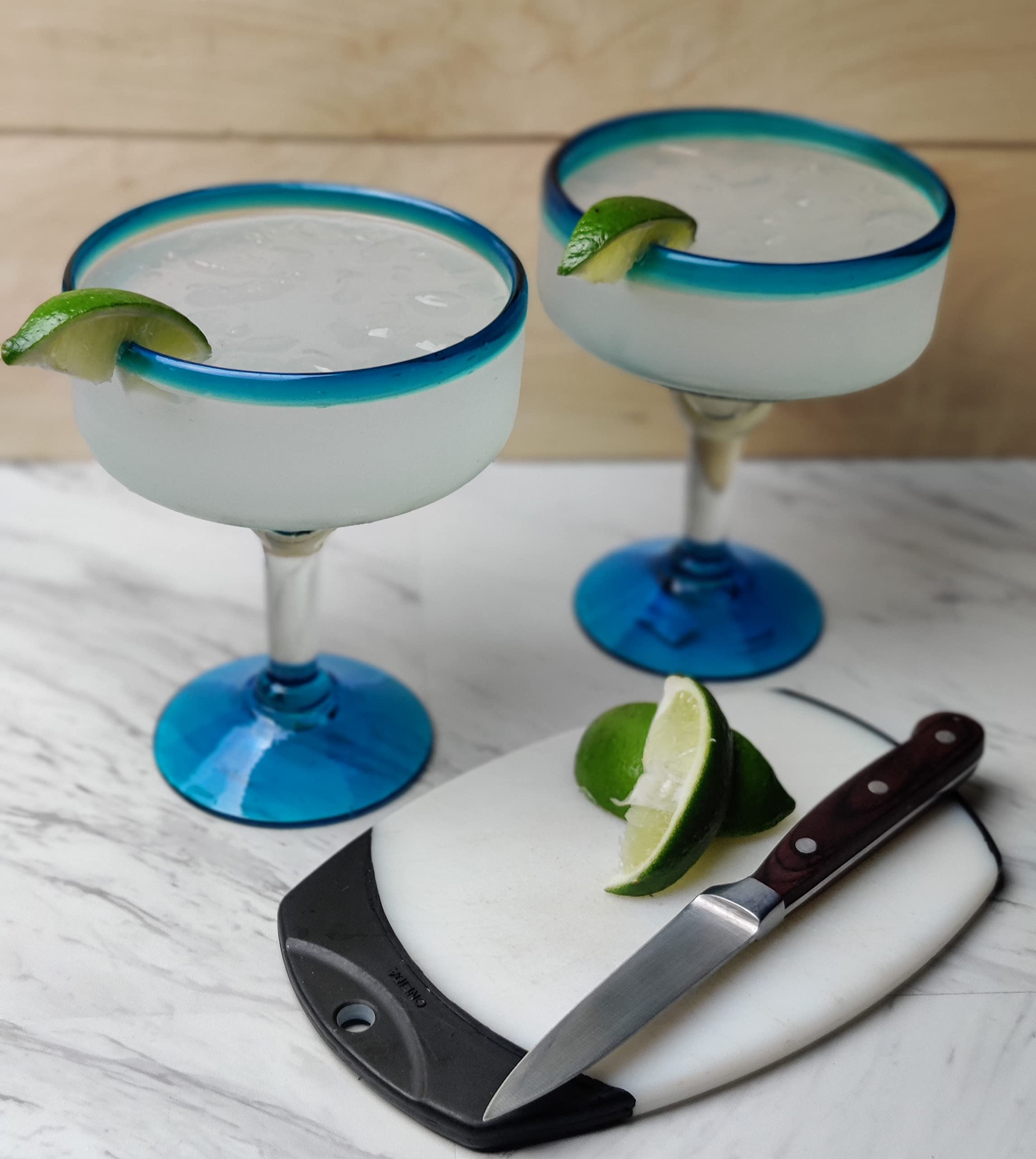 Mexican Hand Blown Glass - Set Of 4 Hand Blown Margarita Glasses (16 Oz) With Aqua Blue Rims