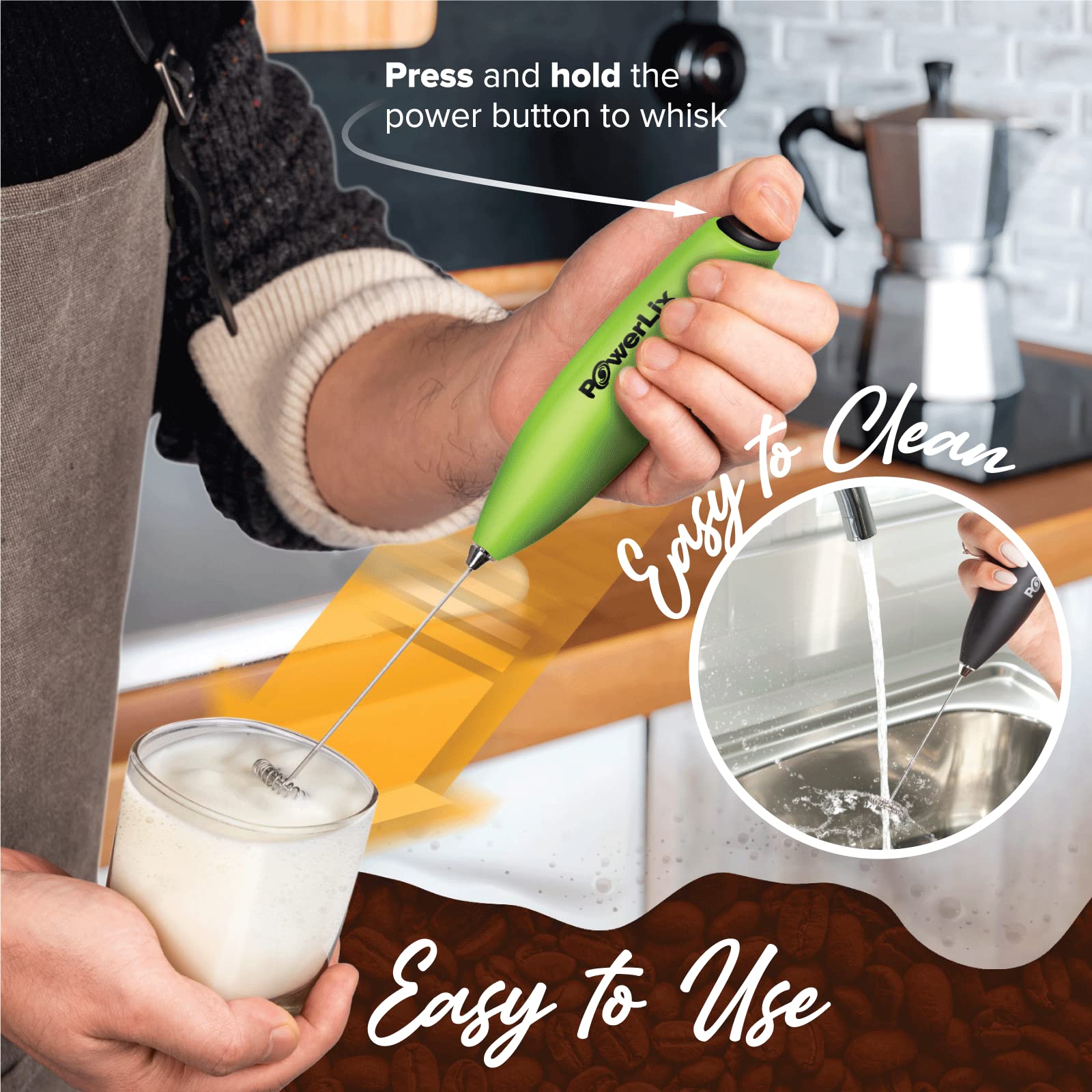PowerLix Milk Frother Handheld Battery Operated Electric Whisk Foam Maker For coffee  Latte  cappuccino  Hot chocolate  Durable Mini Drink Mixer With Stainless Steel Stand Included (green)