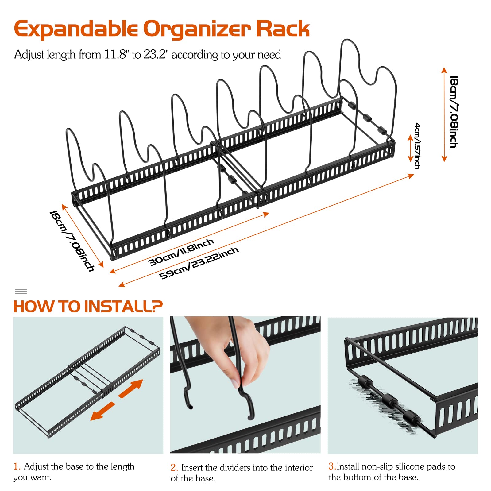 Housolution Expandable Pot and Pan Organizer Rack, 14 Adjustable Dividers, 22.83" W x 7.09" D x 7.09" H, Black, Model