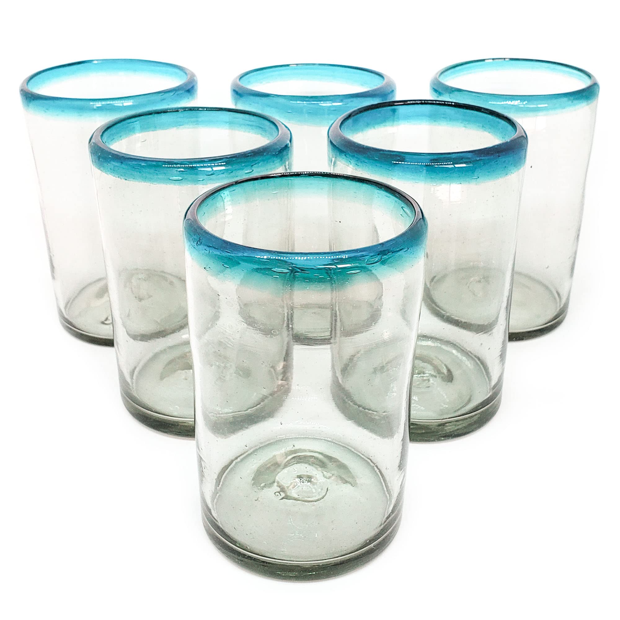 Mexhandcraft Aqua Blue Rim 14 Oz Drinking Glasses, Set Of 6, Mexican Handmade Glassware, Recycled Glass, Lead & Toxin Free (Drin