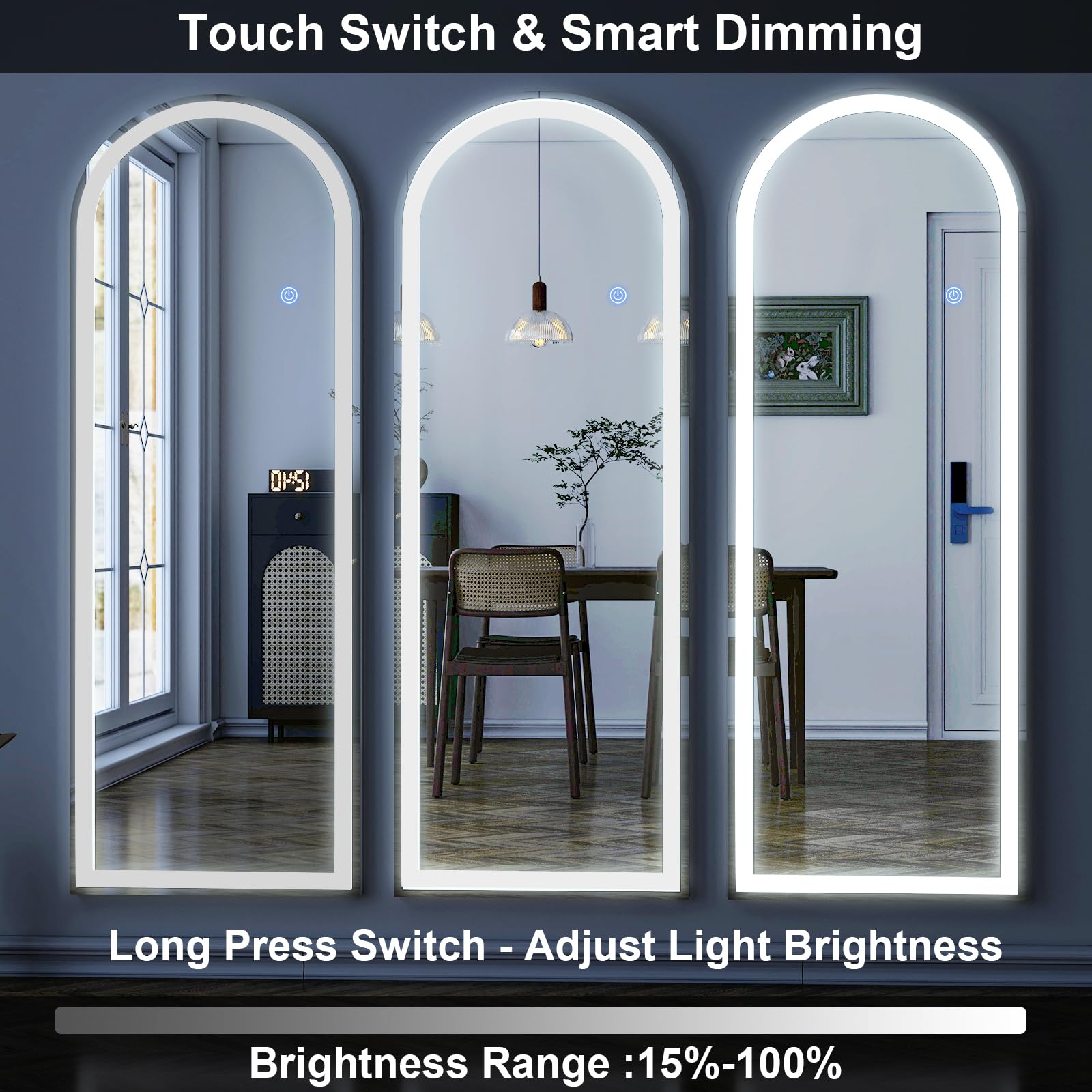 GLSLAND 20x56 Arched LED Full Length Mirror with Lights - Wall Mounted or Standing Full Body Mirror for Bedroom/Cloakroom - Dimm