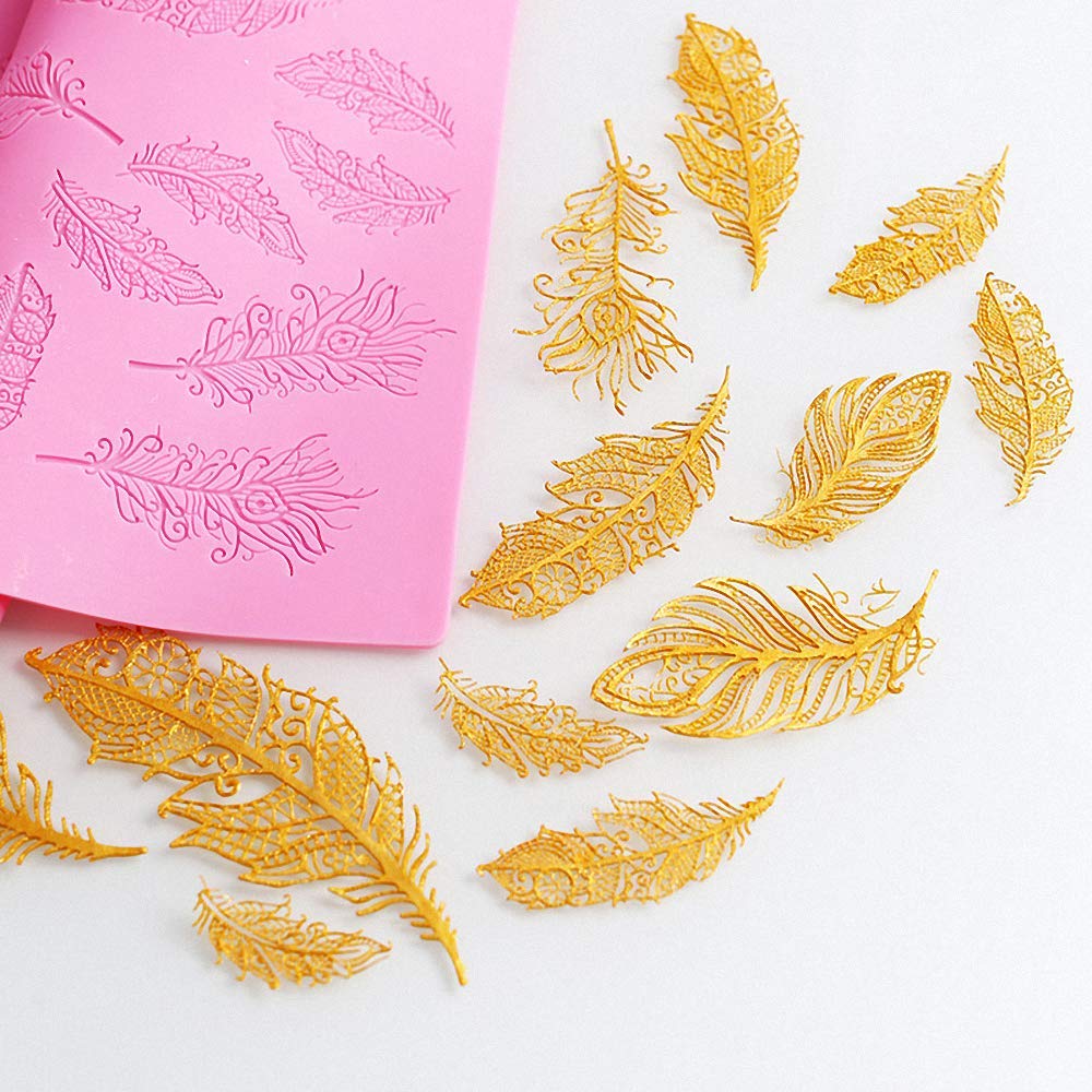 16 Inch Peacock Feather Silicone Lace Mat With Fondant Scraper, Texture Fondant Impression Embossing Decorating Mold Gum Paste C