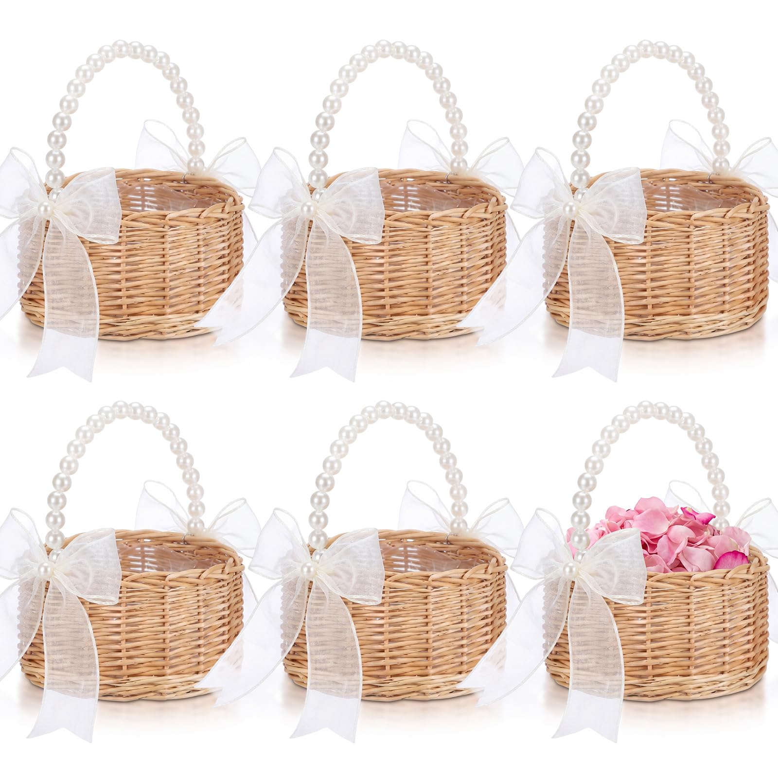 Novabright 6 Pcs Small Wicker Flower Girl Baskets with Pearl Handles and Ribbon Bows, Handwoven Rattan Willow Wedding Petal Bask