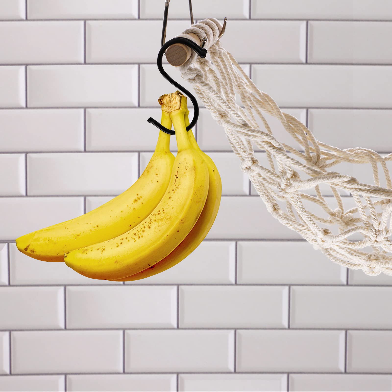 Fruit Basket Hammock Under Cabinet Adhesive, Woven Vegetable Hanging Basket, Fruit Storage For Kitchen With Banana Hooks, Mesh F