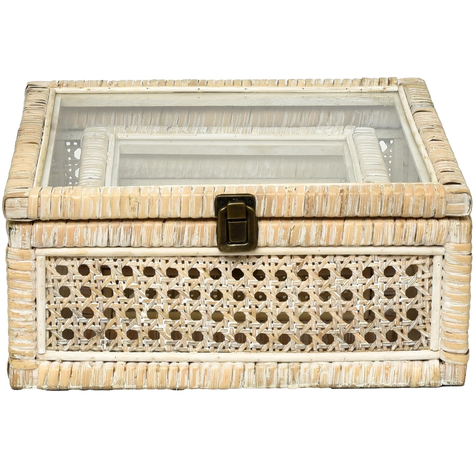 DECOR4SEASON Rattan and Cane Square Stacking Boxes with Glass Top Lid - Set of 2 for Boho, and Rustic Farmhouse D  cor, White Wa