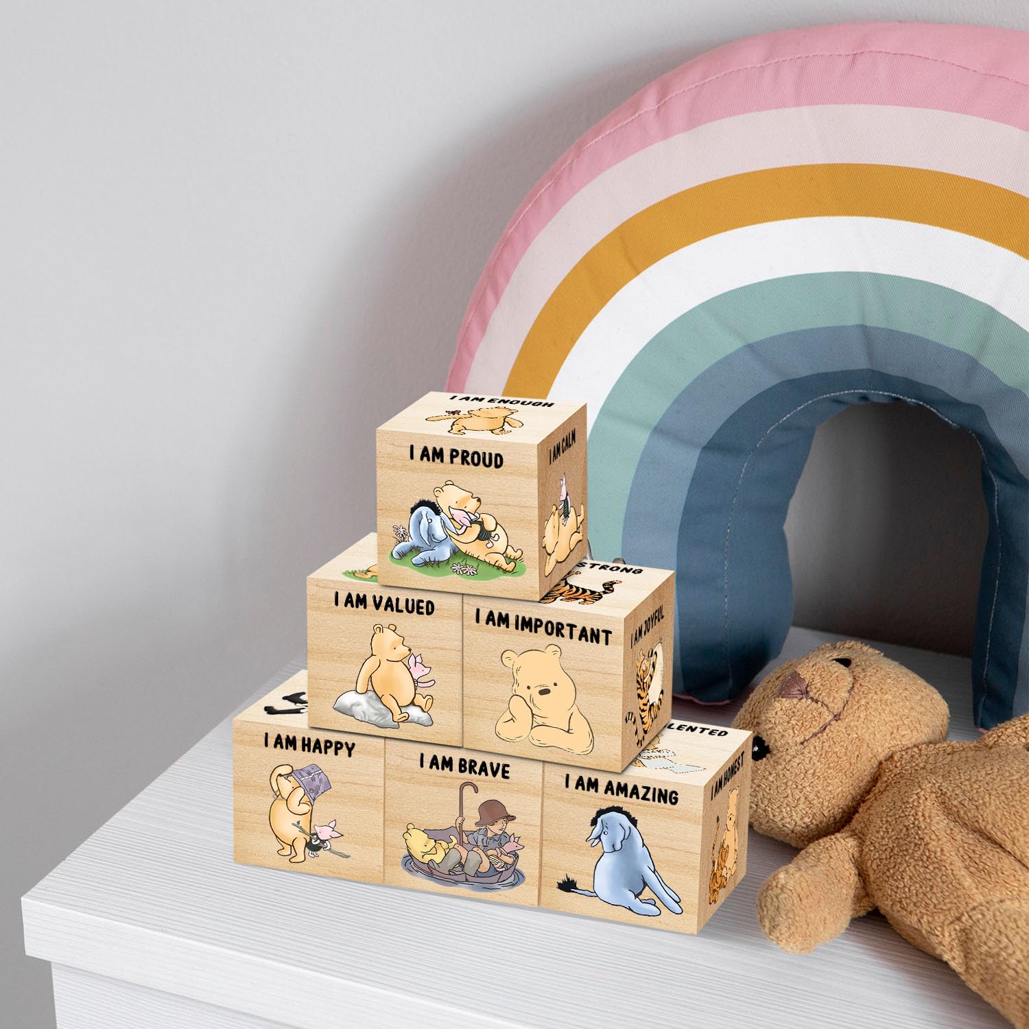 Tillfuru 6 Pcs Inspirational Winnie Nursery Decor for Girls and Boys Wooden The Pooh Decorations Winnie Baby Table Wooden Decora