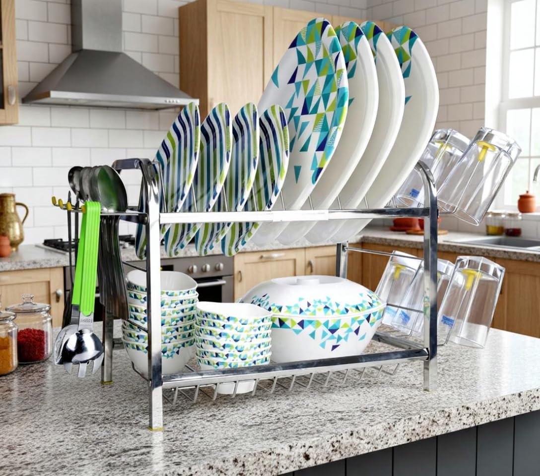 Homify 12X15 Inch Mini Wall Mount Kitchen Dish Rack | 2Tier Stainless Steel Plate & Cutlery Stand | Compact Utensil Holder & Ba