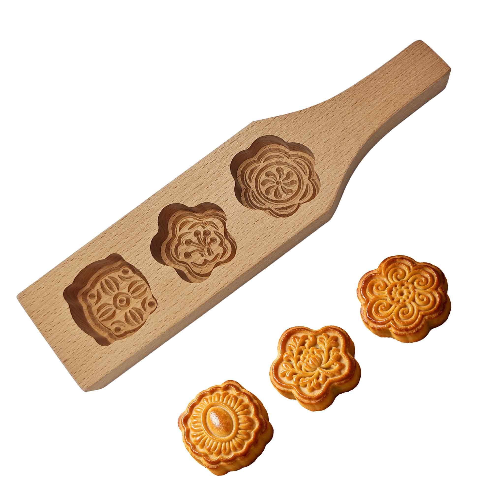 Virello Wooden Mooncake Mold for Baking, Hand Carved Cookie Press with Floral Pattern for Mooncakes, Maamoul, Shortbread and Fil