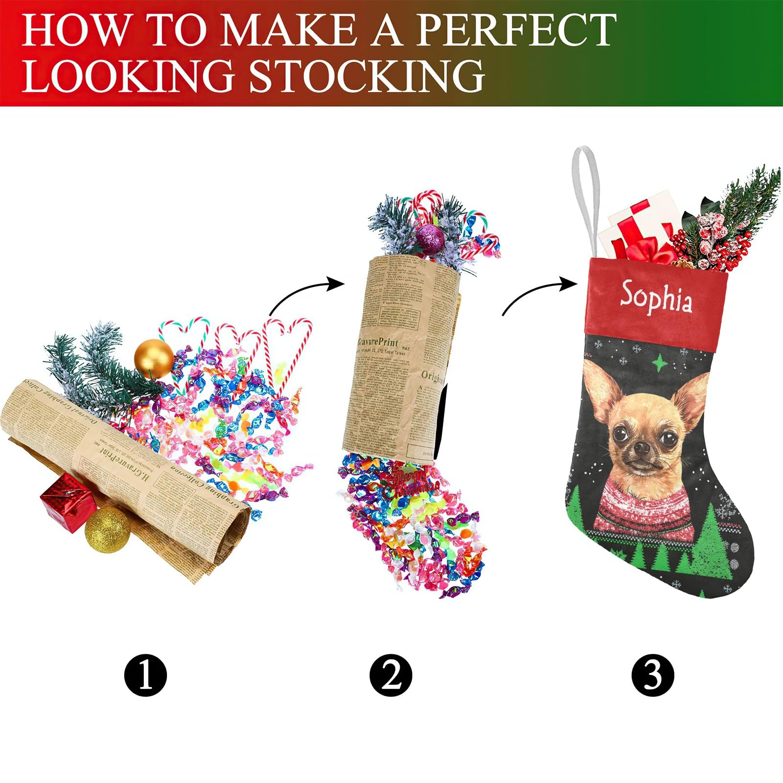 Chihuahua Christmas Dog Funny Christmas Stockings Custom Personalized Name Xmas Festive Gift Decor Family Party 17.52 x 7.87 Inc