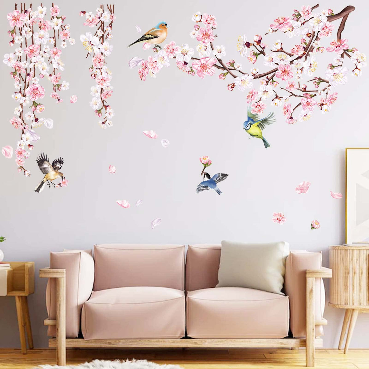 decalmile Cherry Blossom Branch Wall Stickers Pink Flower Birds Wall D ...