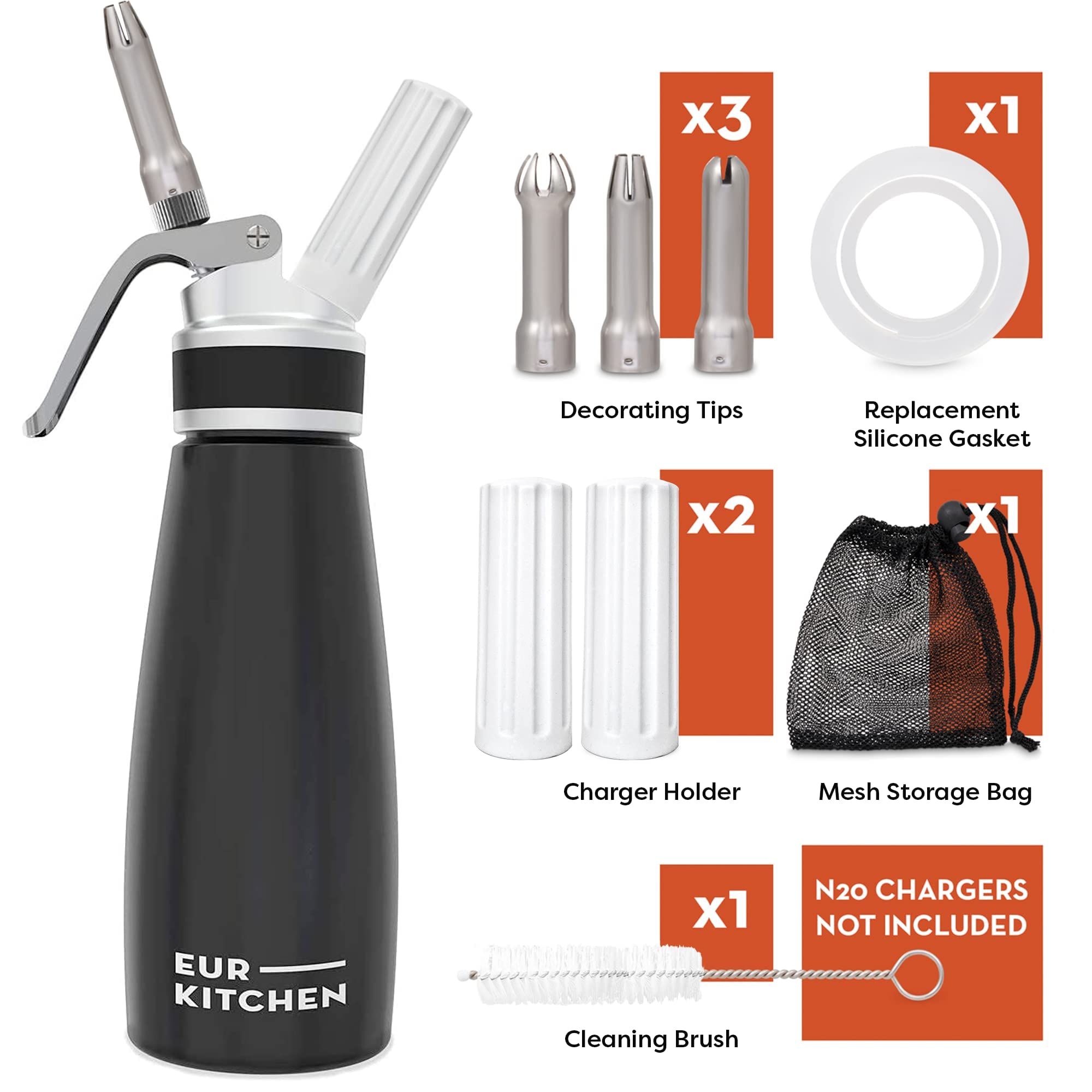 Eurkitchen Professional Aluminum Whipped Cream Dispenser - Leak-Free Whip Cream Maker Canister With 3 Decorating Nozzles & Clean