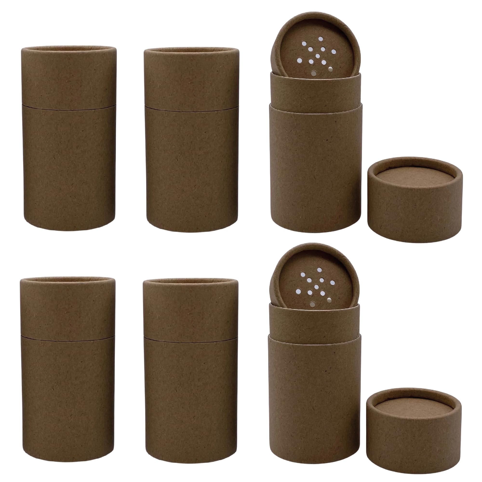 GreenWay 2oz / 60g Small Kraft Paper Shaker Tubes with Sifters & Lids - 6 Pack Biodegradable Containers for Powdered Cosmetics -