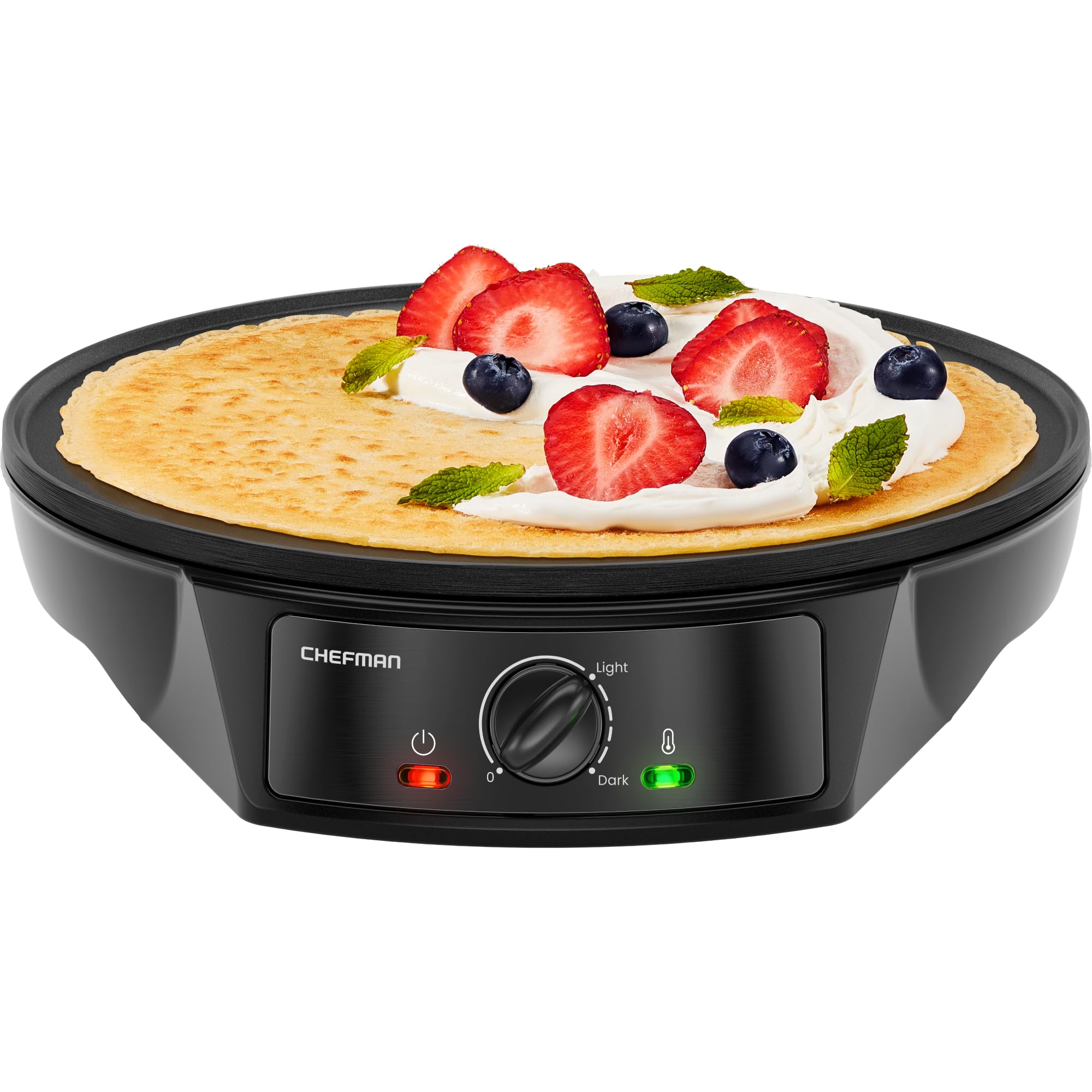 CHEFMAN Electric Crepe Maker: Precise Temp Control  12'' Non-Stick Griddle  Perfect for Crepes  Tortillas  Blintzes  Pancakes  Waffles  Eggs  Bacon  Batter Spreader & Spatula Included  Black