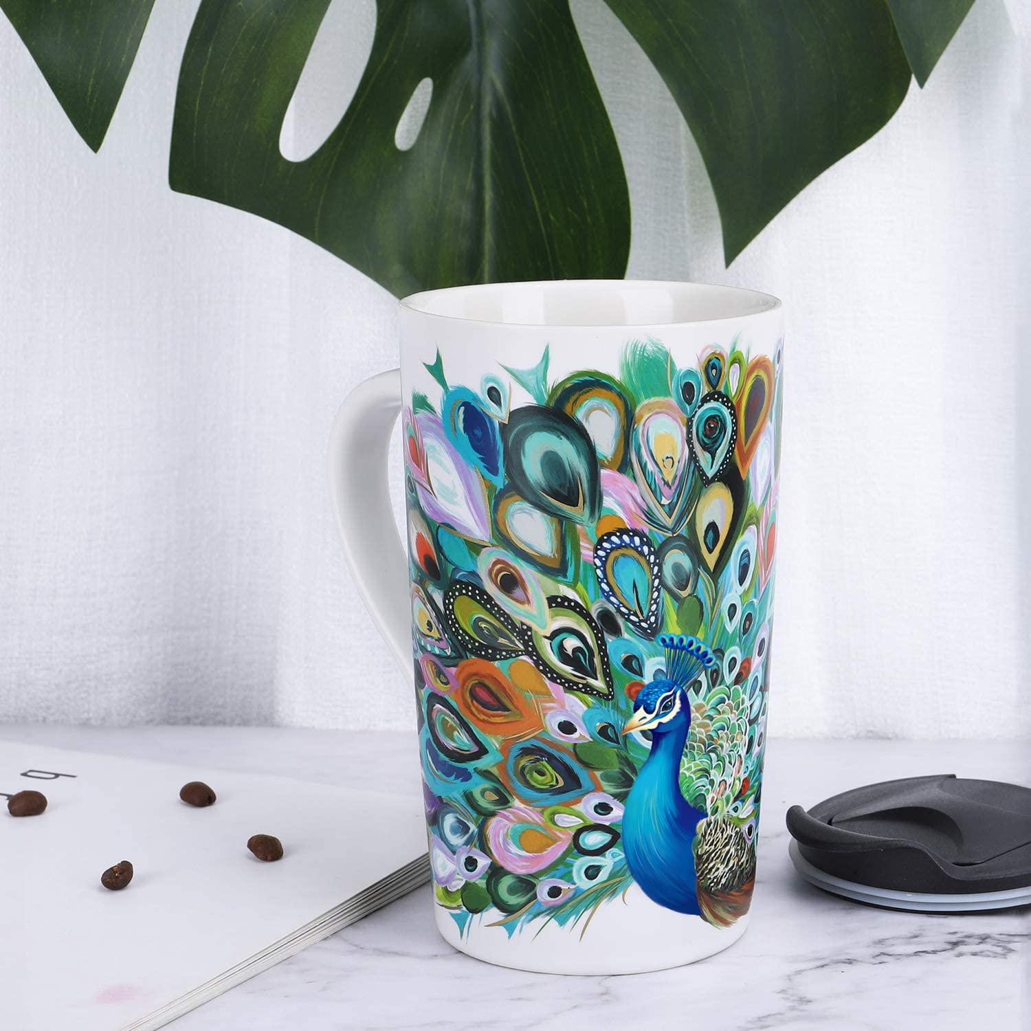 NymphFable Peacock Ceramic Mug 18oz Large Coffee Cup with Handle Personalized Baking Pattern Tea Cup