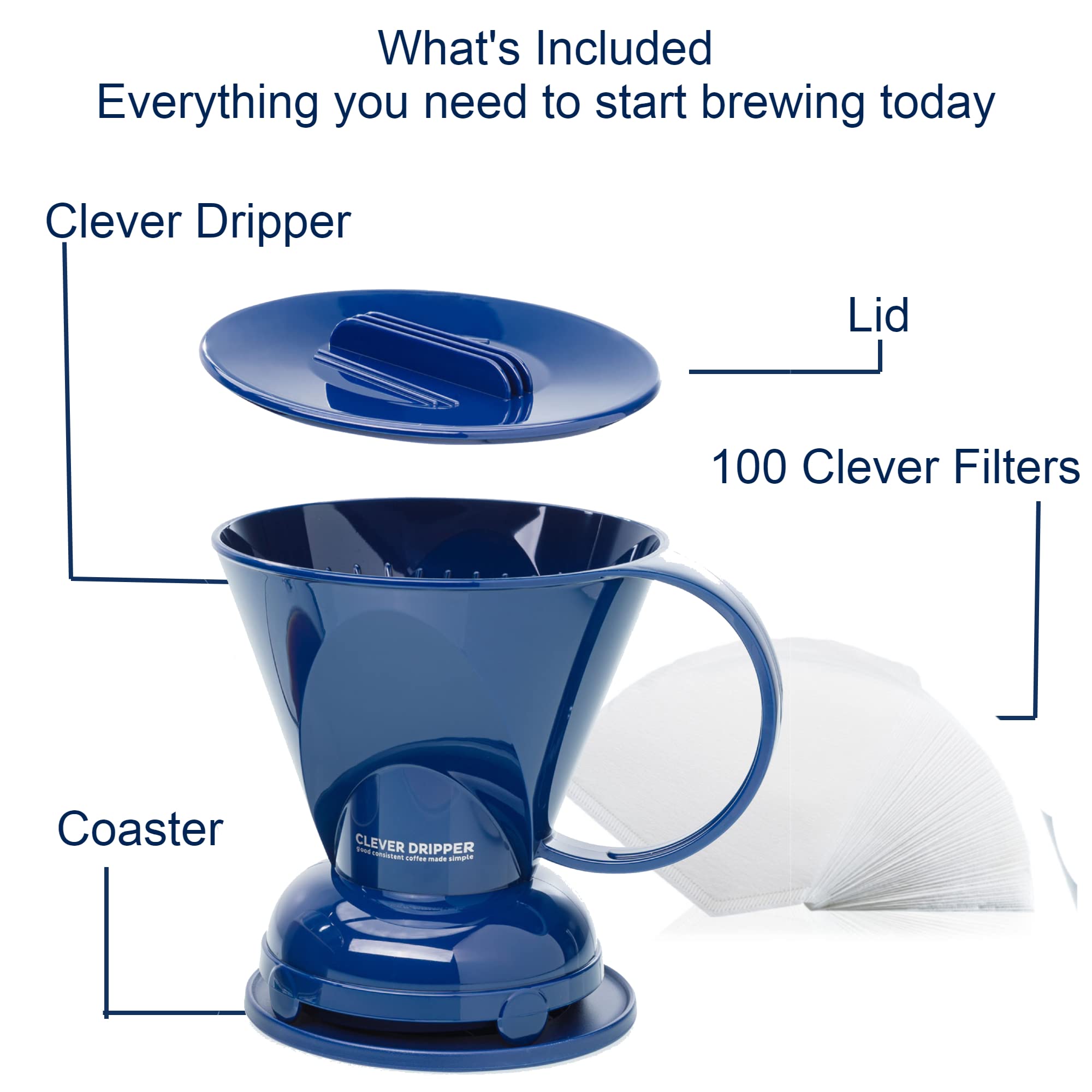 Clever Coffee Dripper and Filters  Large 18 oz (Royal Blue)| Barista's Choice| Safe BPA Free Plastic|Includes 100 Filters