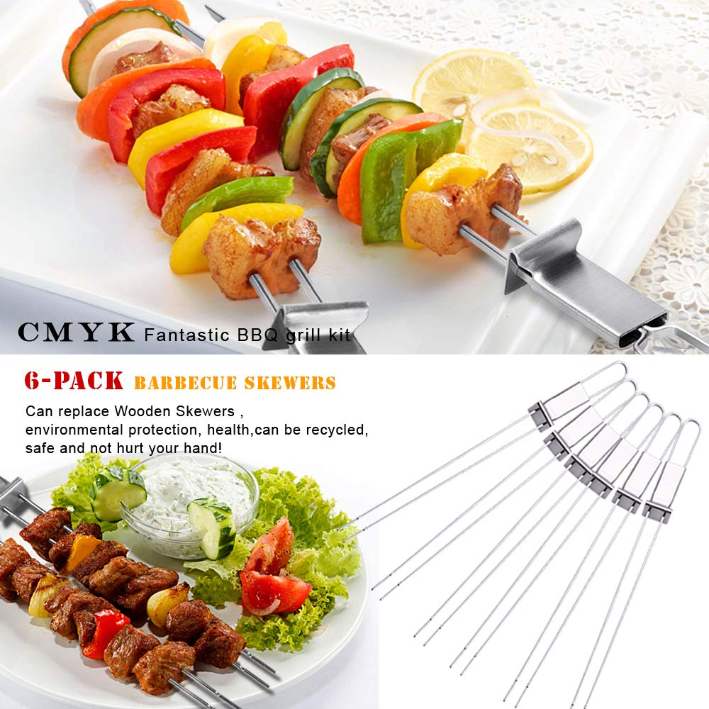 Barbecue Skewers  CMYK 6-Pack 13'' Stainless Steel Grilling Skewers with Slider  Reusable Metal BBQ Shish Kabob Skewers Sticks