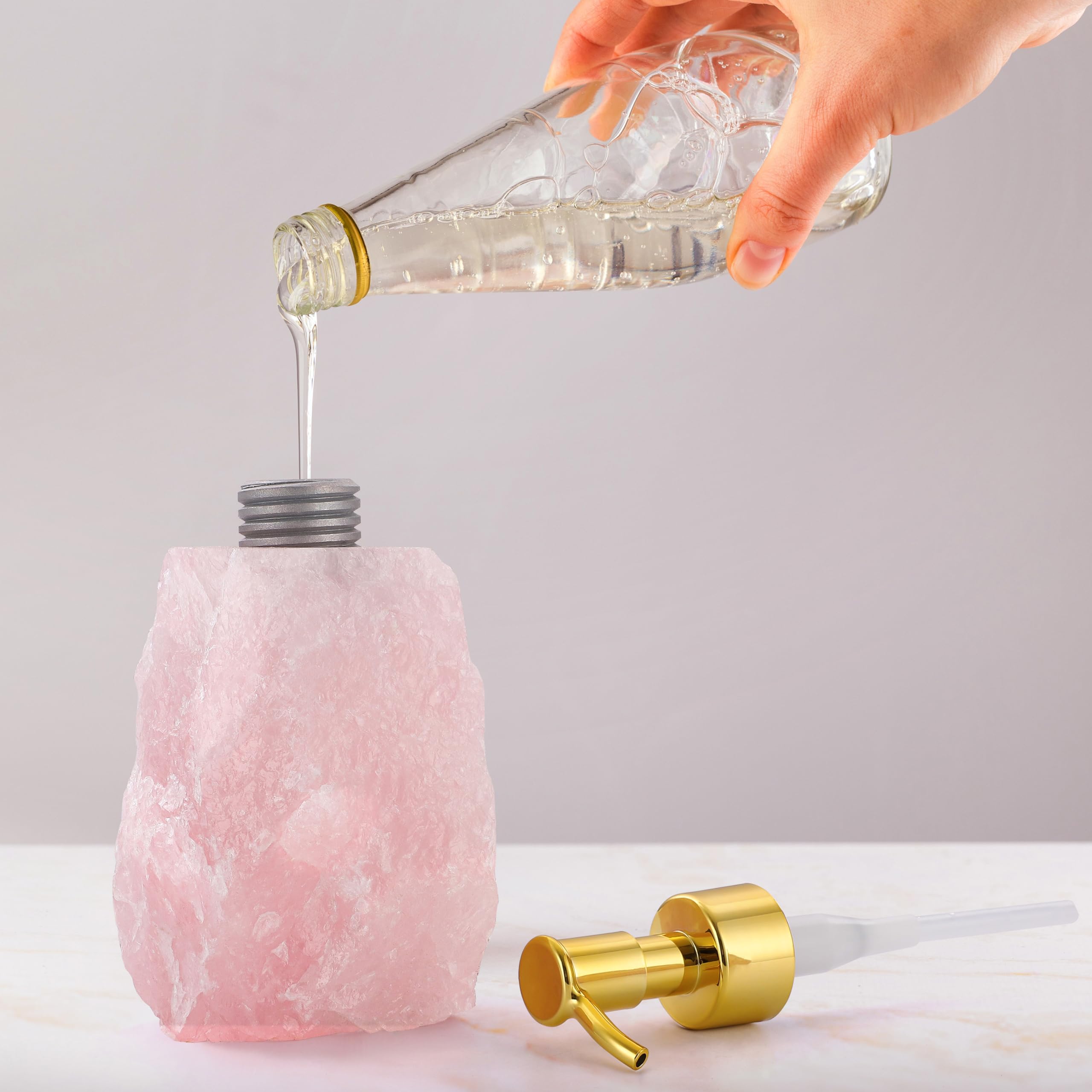 Spaceneat Rose Quartz Crystal Dispenser - Crystal Rock Soap Dispenser With Glossy Gold Color Pump - Natural Stone Soap Dispenser