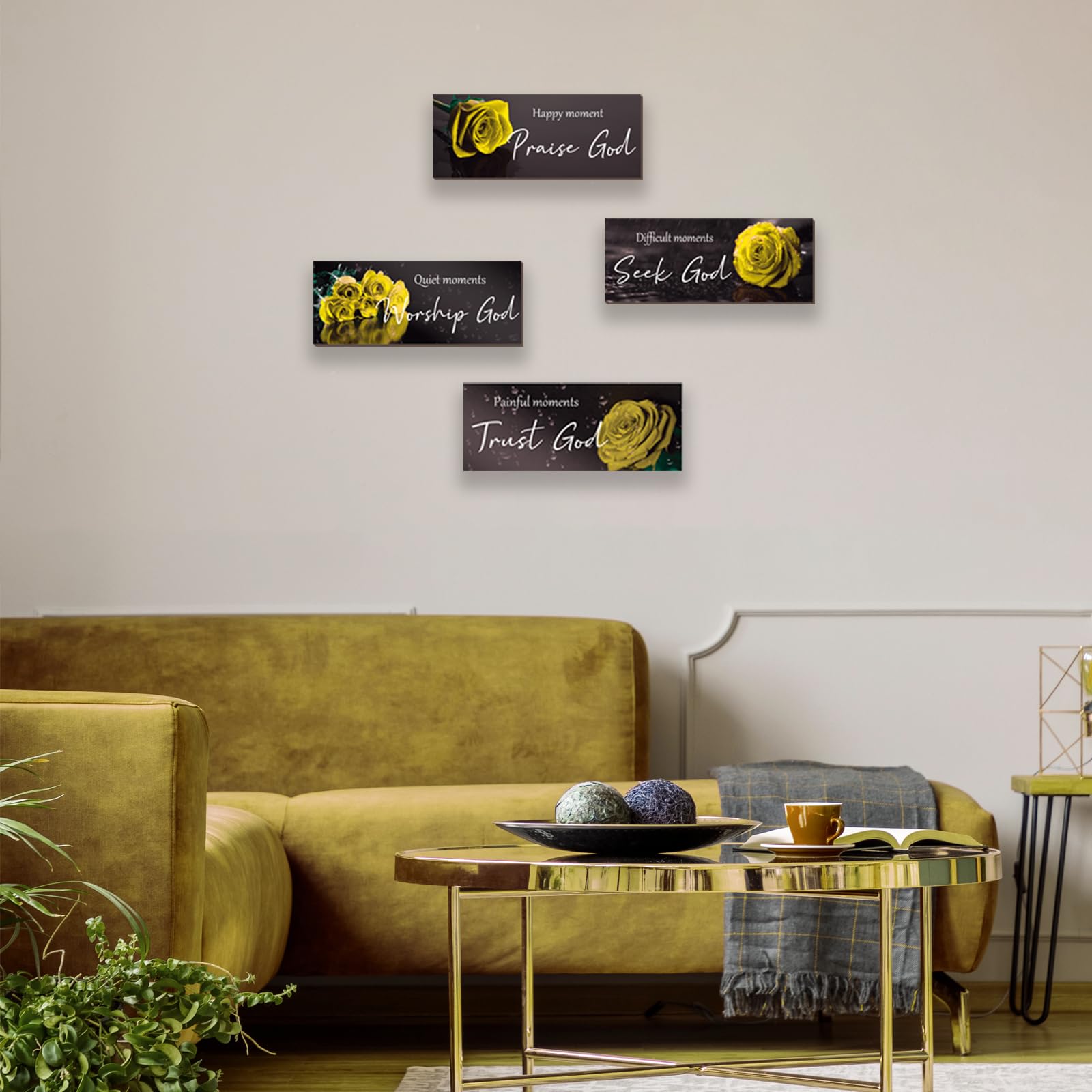 ONIZHITY 4Pcs Yellow Bathroom Decor Yellow Wall Decor Religious Bible Verse Rose Rustic Wooden Christian Sign for Home Bathroom