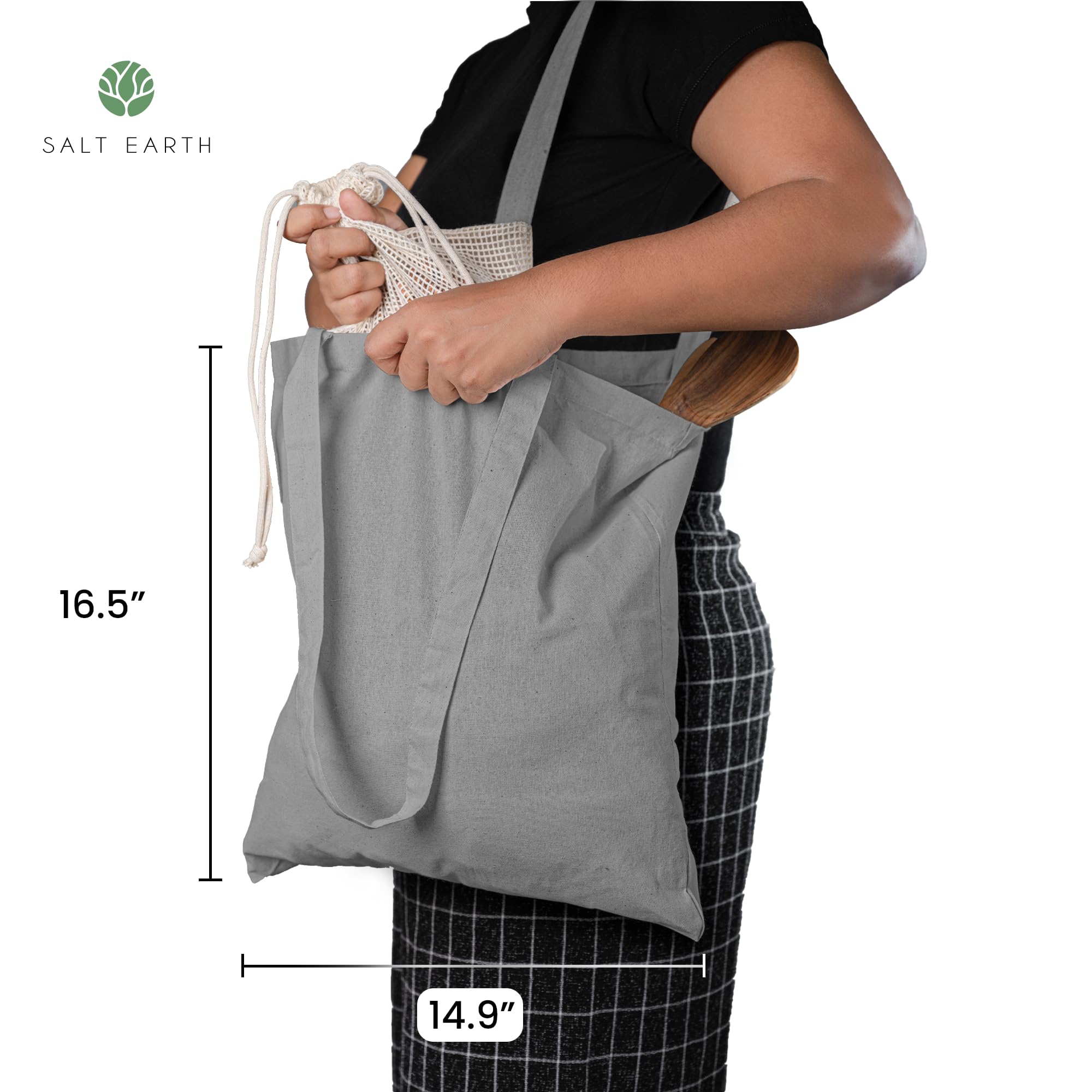 Salt Earth Pack of 5 | 6 | 12 | 24 | 48 - 100% Cotton Reusable Tote Bags - Bulk Grocery, Shopping, DIY, Beach & Gift Use (Grey)