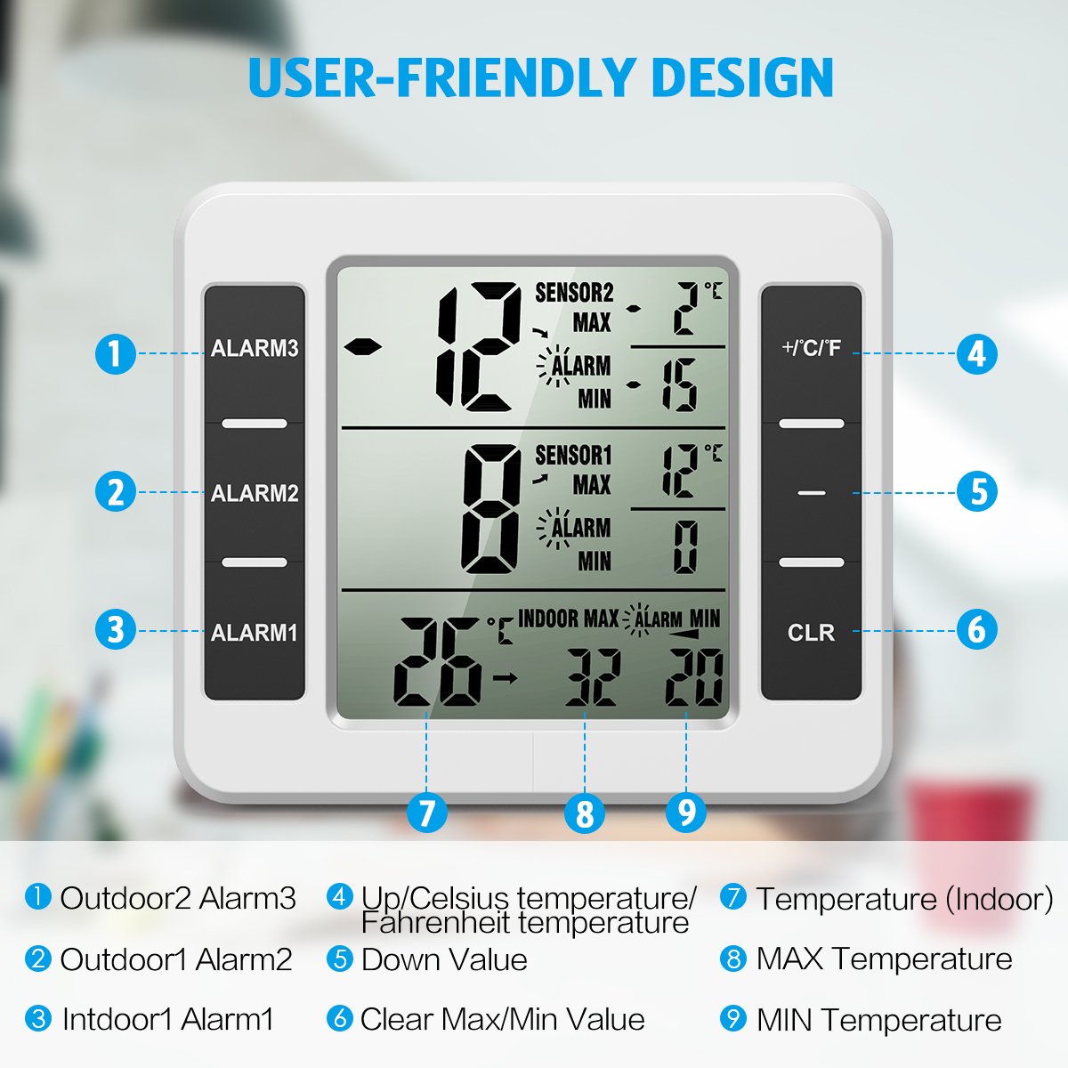 (Upgraded) Amir Refrigerator Thermometer, Wireless Indoor Outdoor Freezer Thermometer, Sensor Temperature Monitor With Audible A