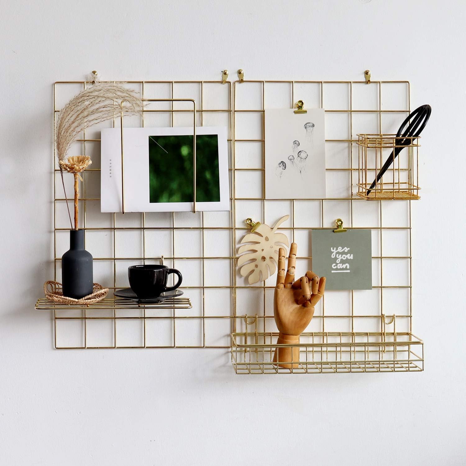 Creativebuzz Steel Wall Grid Photo Frame For Wall With 10 Wooden Deginer Clips | Diy Metal Wire Grid Wall Organizer | Aesthetic 