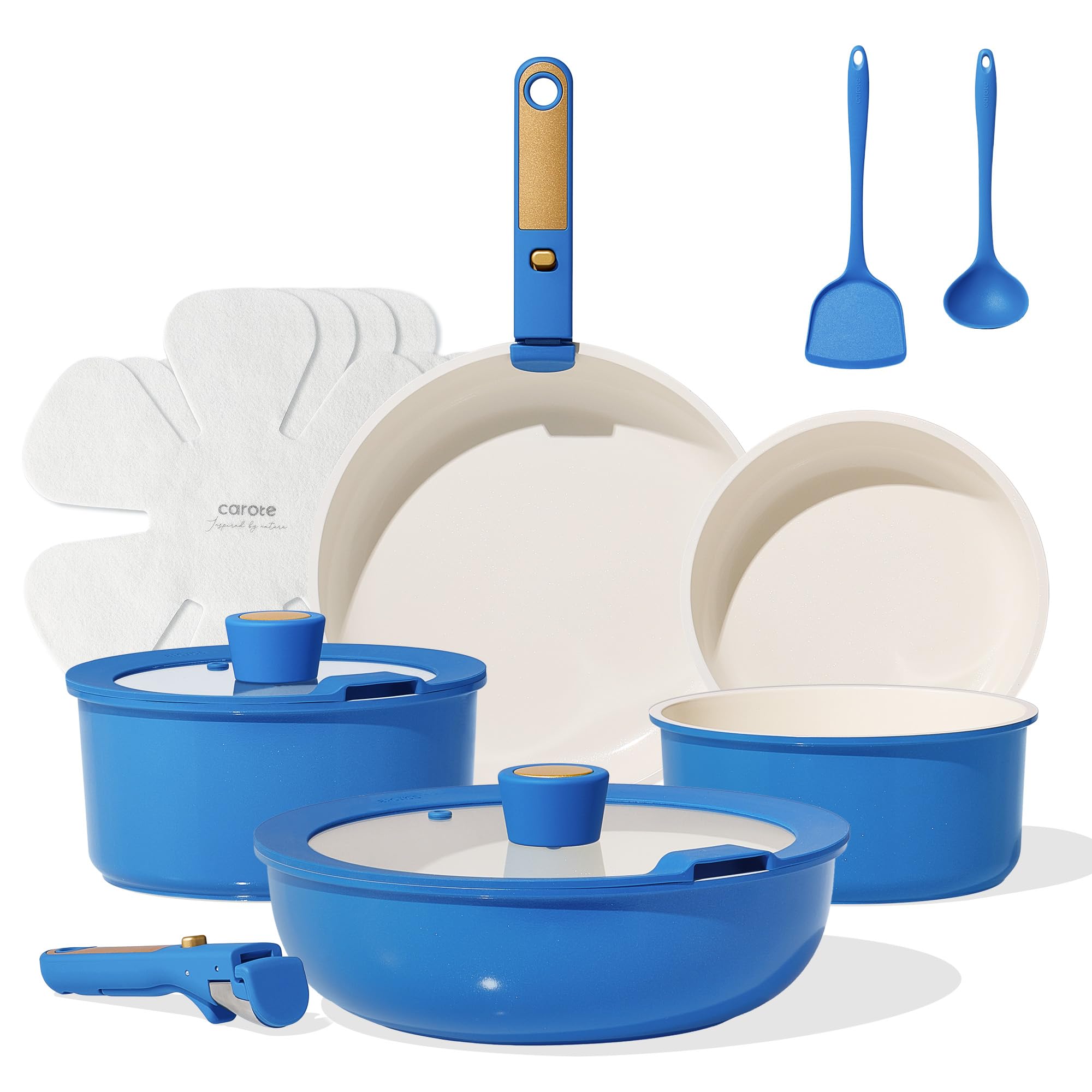 CAROTE 15Pcs Ceramic Cookware Set, Pots and Pans Set Non stick, Non Toxic Cookware Detachable Handle, Induction Cookware, Dishwa