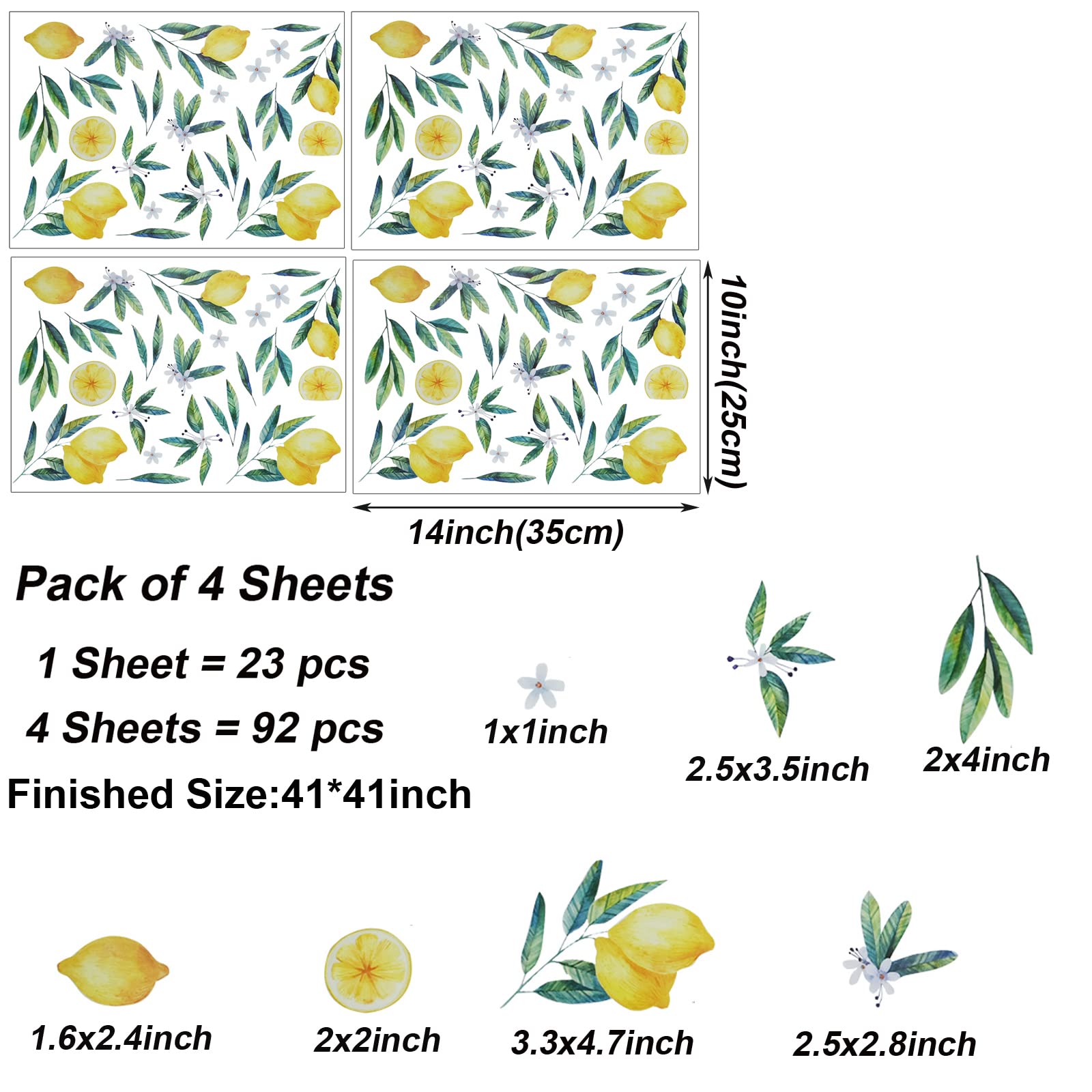 Maydahui Lemon Wall Decals Lemonade Green Leaves And Flowers Wall Stickers (41X41 Inch) Peel Stick Removable Summer Fruits Art M